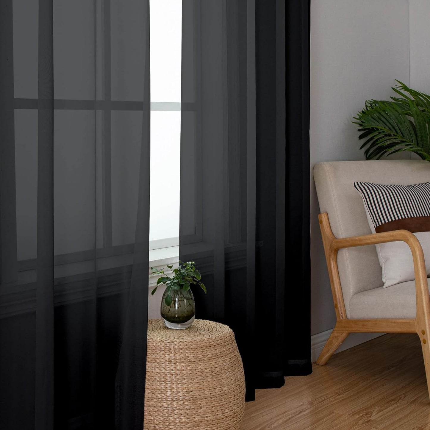 Chyhomenyc Sheer Black Curtains 90 inches Long 2 Panels, Light Filtering Soft Airy Solid Elegant Voile Window Treatment Drapes for Bedroom Living Room Wedding Party Decor, 42 Wx90 L Inches