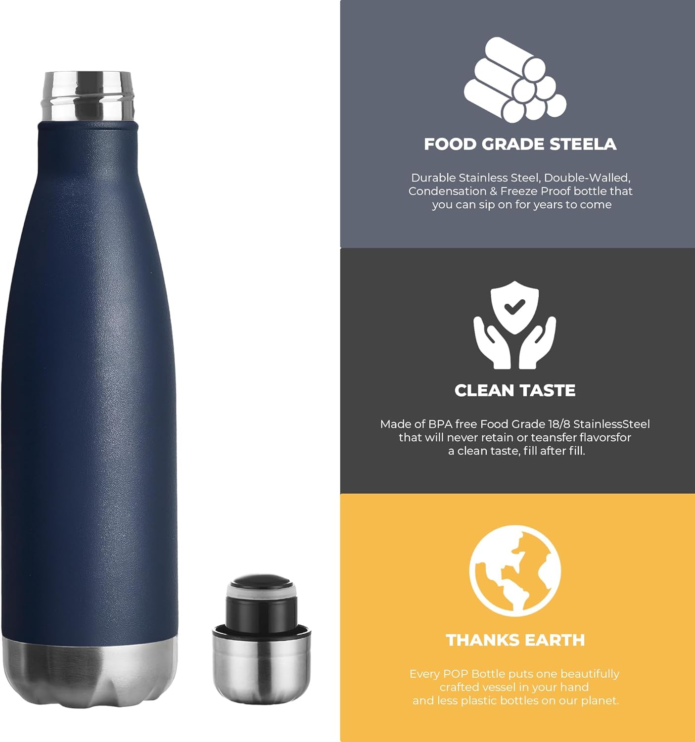 MEWAY 17oz Sport Water Bottle 4 Pack Vacuum Insulated Stainless Steel Leak-Proof Double Wall Cola Shape Water Bottle,Keep Drinks Hot & Cold(Navy,4 Pack)