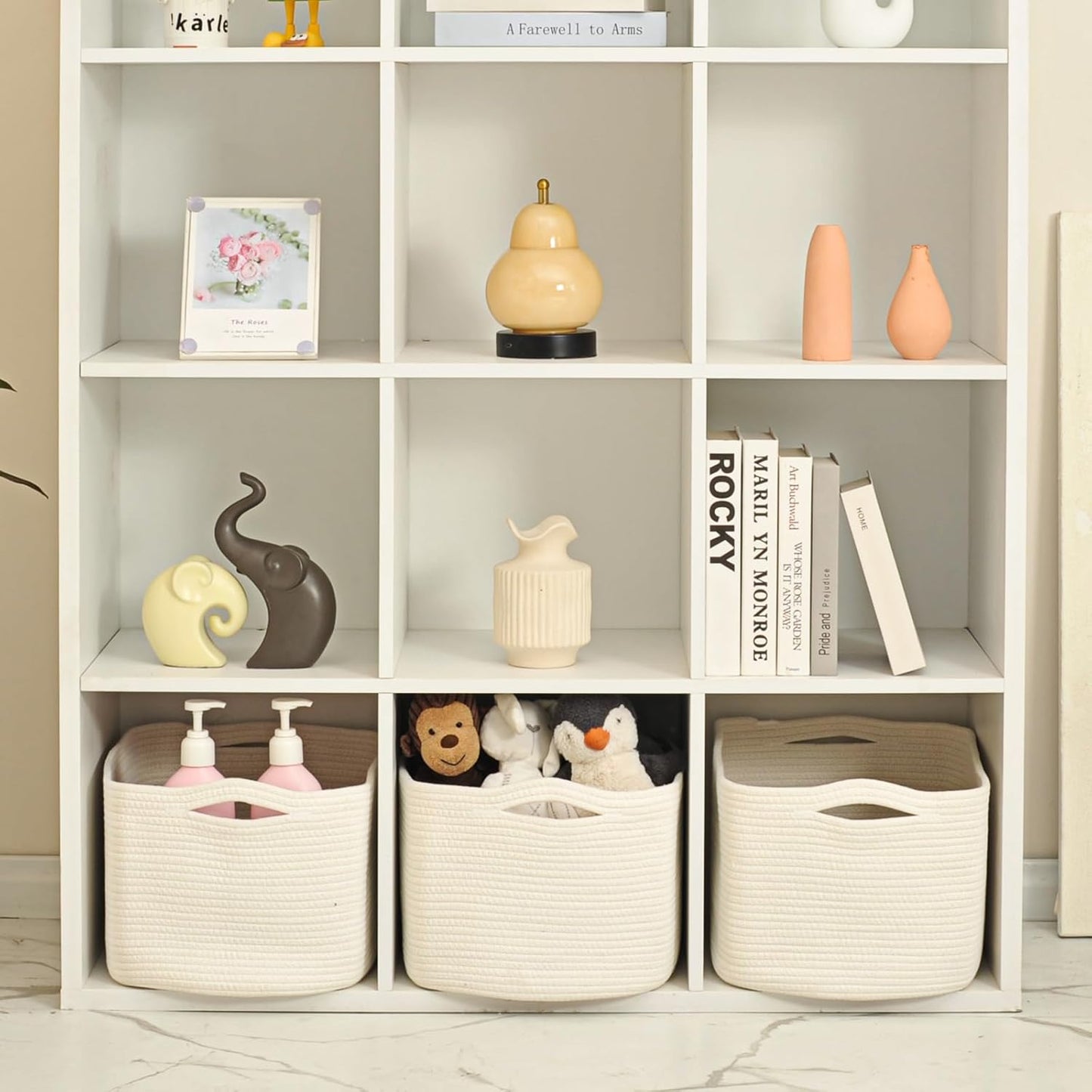 Large Storage Baskets for Organizing Shelves, Woven Cotton Rope Bins for Baby Nursery Organization, Book Toy Towel Organizer, 17"x13"x9.5", 3 Packs, Off White