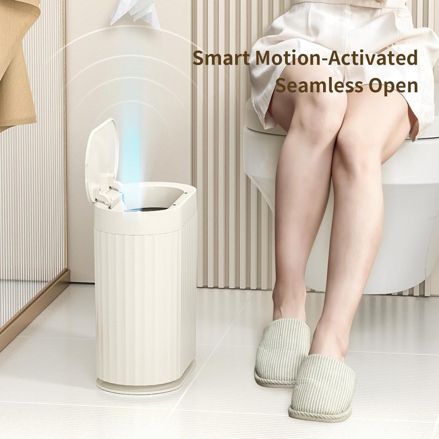 MRBIN Small Trash Can for Bathroom, Automatic Touch Less Garbage Bin with Lid, 2 Gallon Plastic Slim Waste Basket for Office and Kitchen, Electric Motion Sensor Bedroom Bin, Cream White