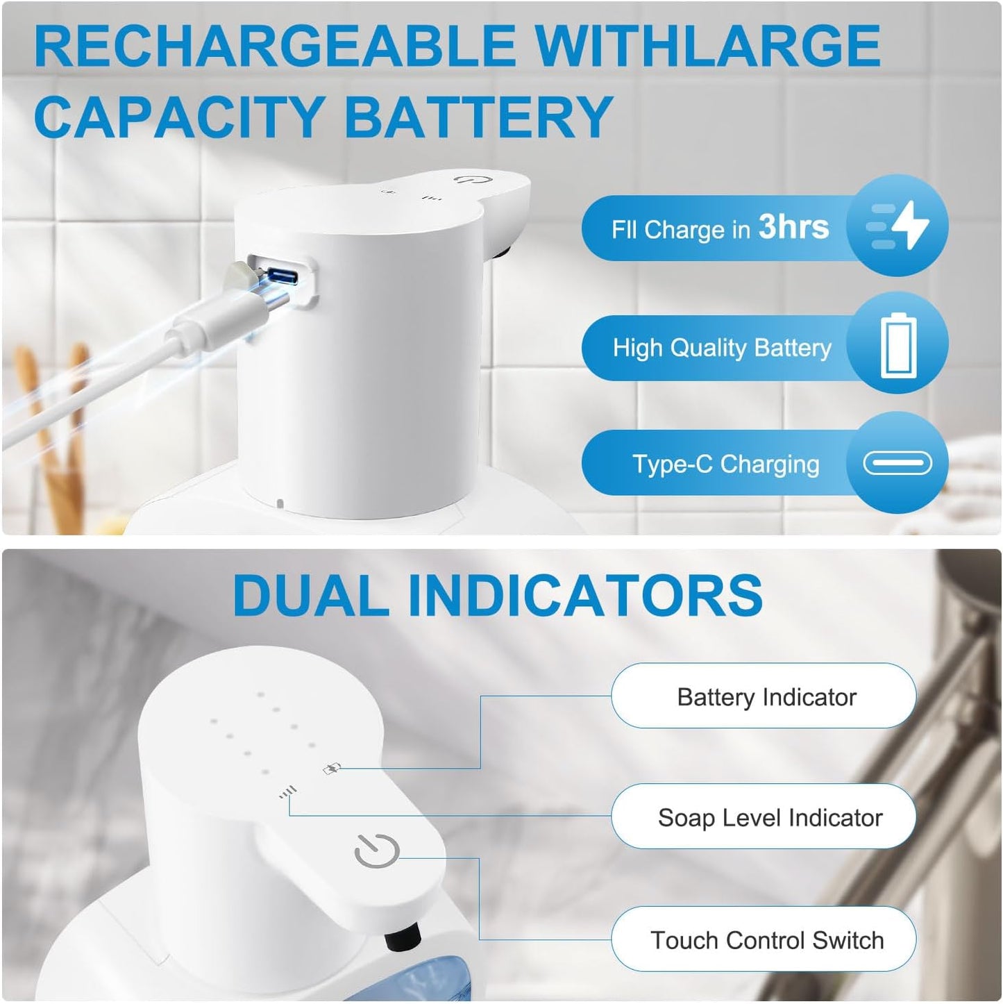 Automatic Liquid Soap Dispenser with 500ml /17oz Capacity, Touchless Soap Dispenser with 4 Level Adjustable, Rechargeable, Wall-Mounted, Waterproof for Kitchen, Bathroom, Hotel, Restaurant