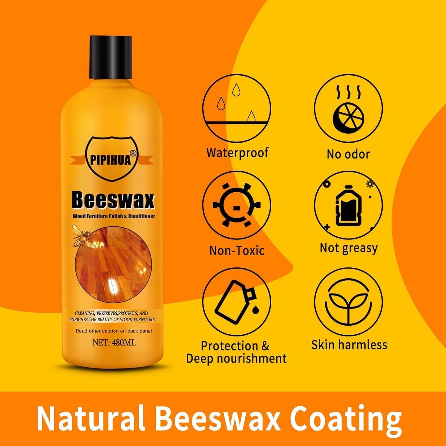 PIPIHUA Beeswax Polish and Conditioner for Wood Furniture - Waterproof & Restorer Wood Wax, Multipurpose Beeswax Furniture Polish and Cleaner for All Types and Colours 16.23 Fl Oz, 2 Pack