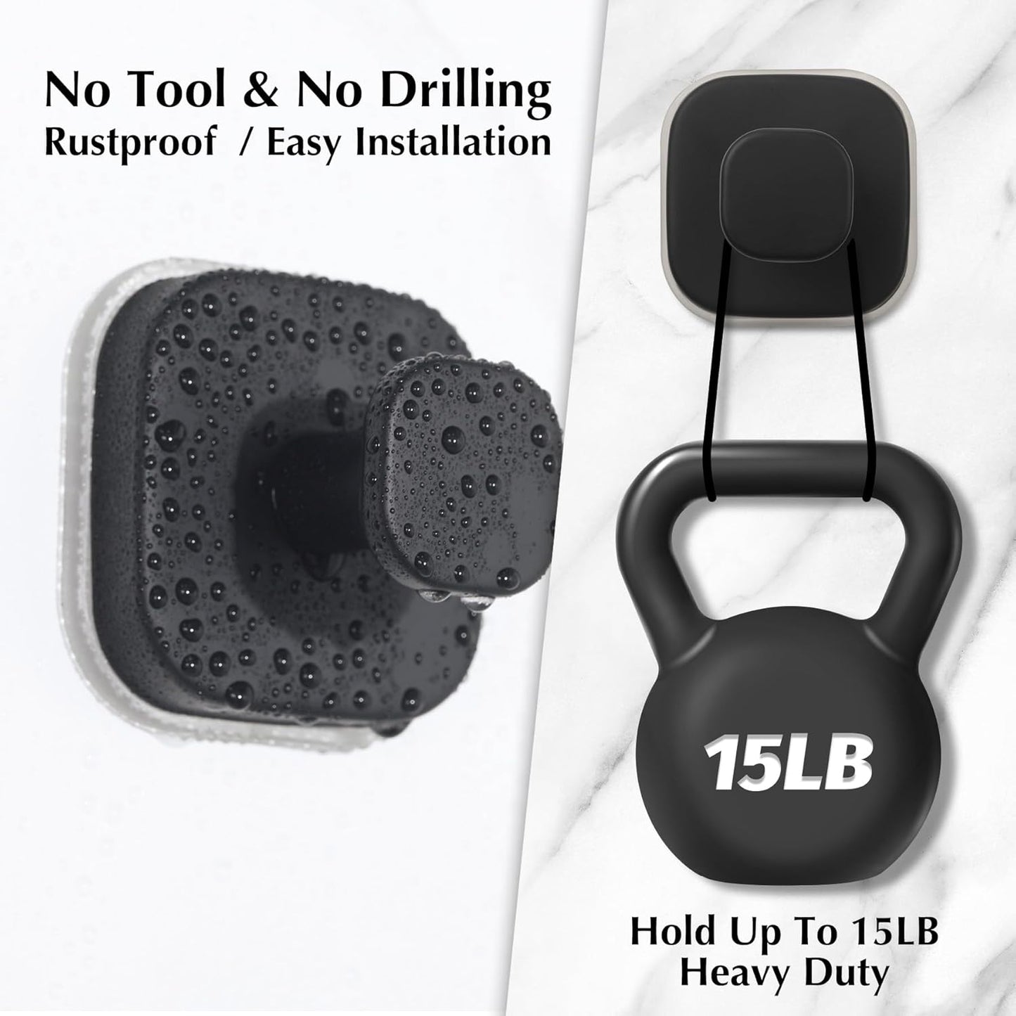 Suction Cup Hooks for Shower - Reusable No-Drill Mounting - Hooks for Towels, Robes & Loofah on Metal, Glass, Mirrors, Tile & Smooth Non-Porous Surfaces (2, Matte Black)