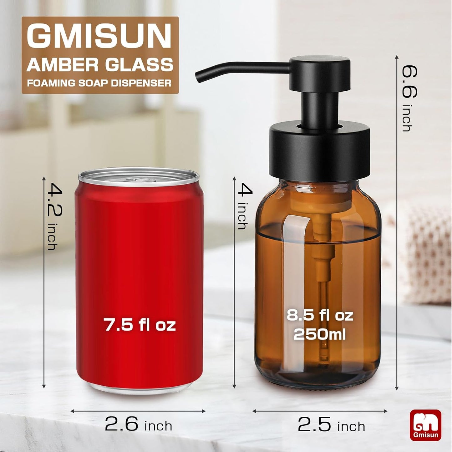 GMISUN Foaming Soap Dispenser, 4 Pcs 8.5 Fl oz Amber Glass Foam Hand Soap Dispenser for Bathroom & Kitchen, Refillable Hand Soap Foam Dispensers, Modern Amber Glass Pump Bottle with Waterproof Labels