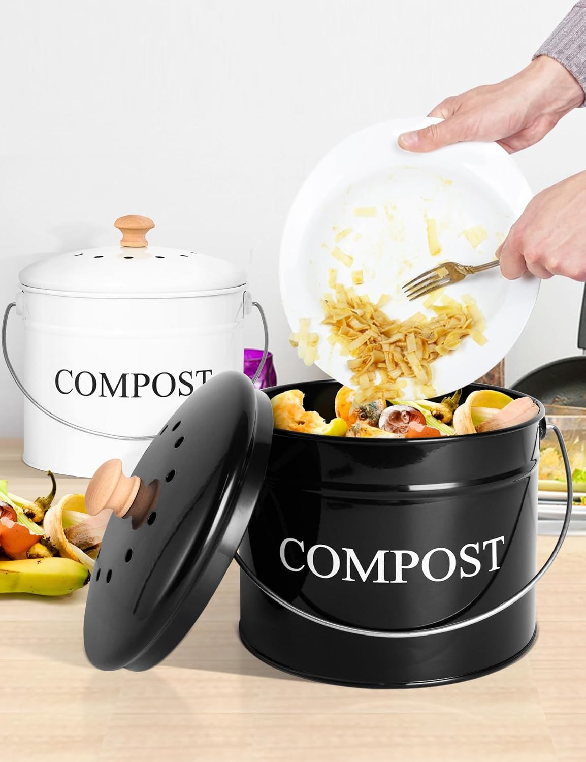 Compost Bin - 1 Gallon Countertop Composter with Lid and Charcoal Filters, Rust Proof Indoor Bucket for Kitchen Food Waste