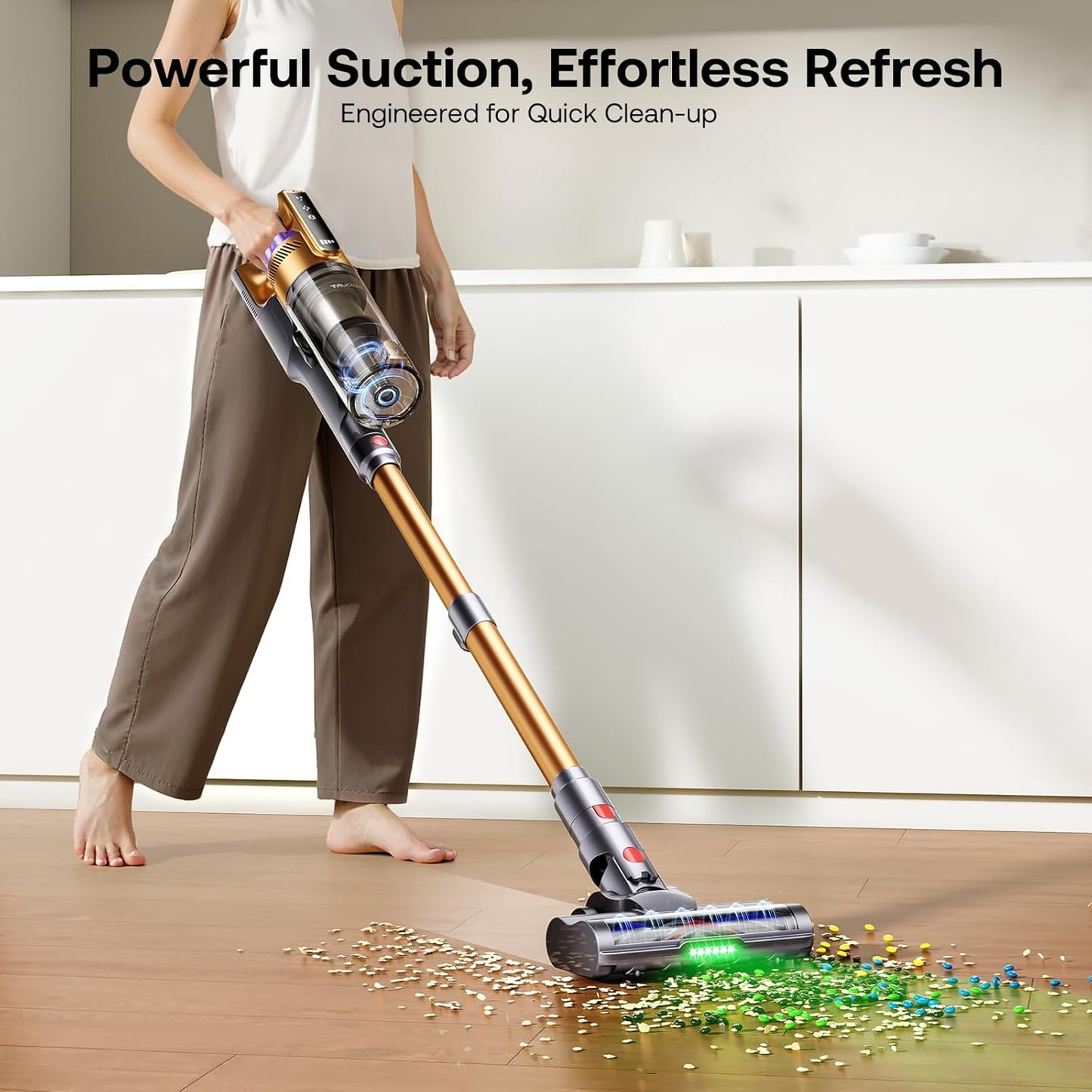Trucozie Cordless Vacuum Cleaner with Self-Standing, 50 mins Runtime Lightweight Stick Vacuum with Powerful Suction, Anti-Tangle Wireless Vacuum Versatile for Hard Floor/Carpet/Pet Hair, Gold