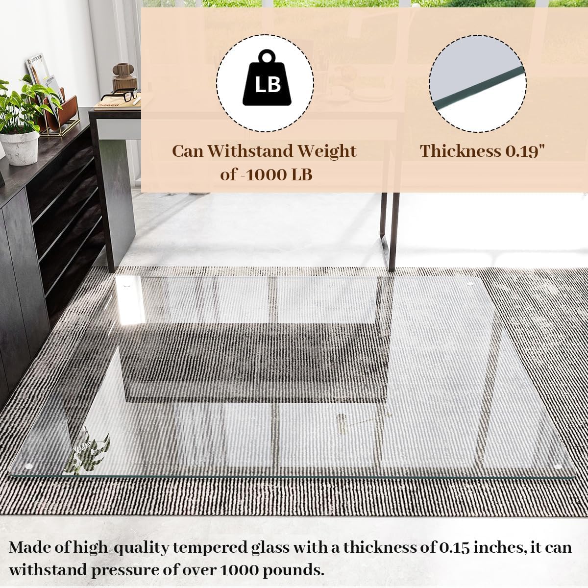 [Tempered Glass] 48" x 60" Glass Chair Mat, Heavy Duty Hard Tempered Glass Mat with Round Corner and Polished Edge, Transparent Glass Office Chair Mat for Office and Home Hard Floor or Carpeted