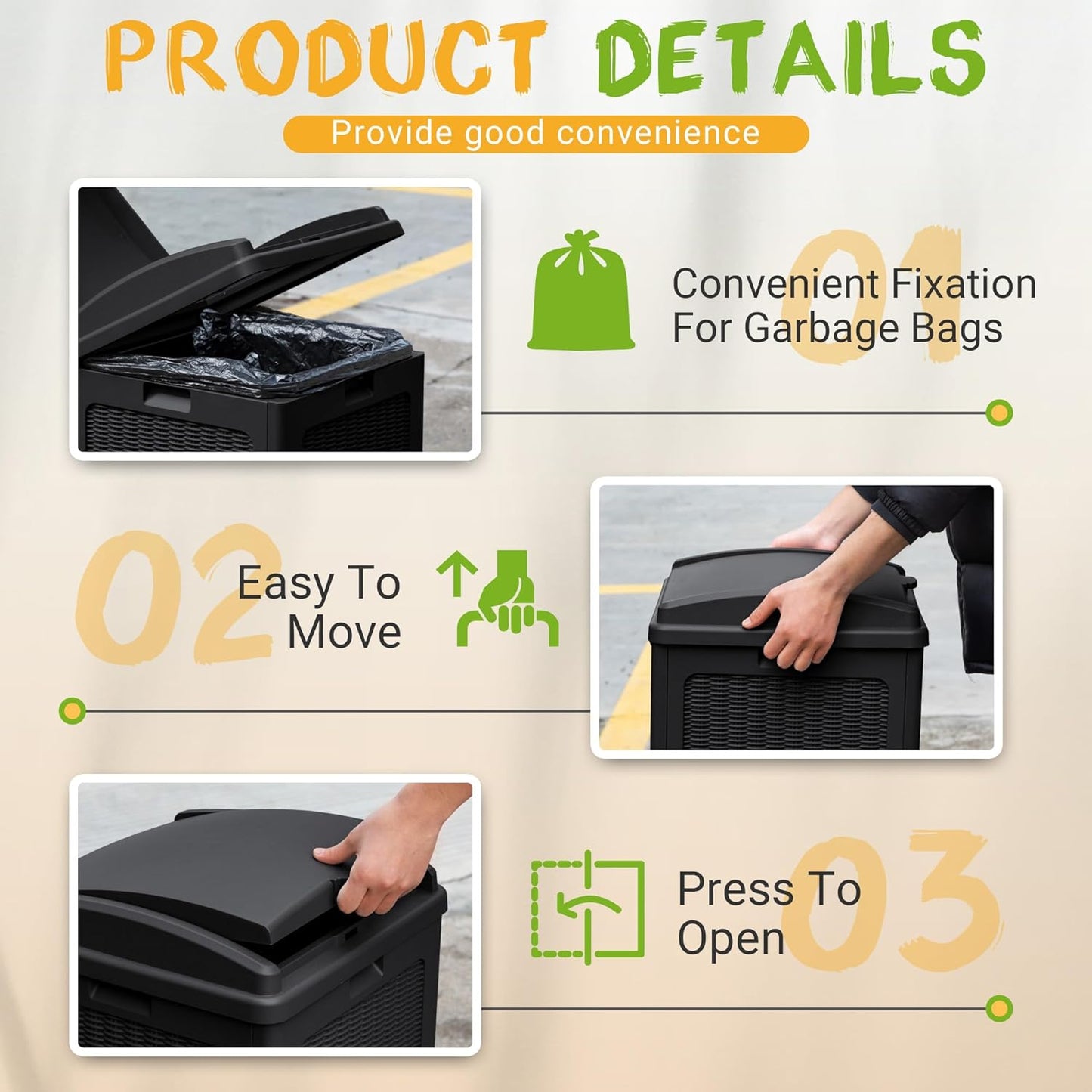 YESHOMY 33 Gallon Resin Outdoor Trash Can with Lid, Hideaway Waterproof Patio Garbage Bin, Black