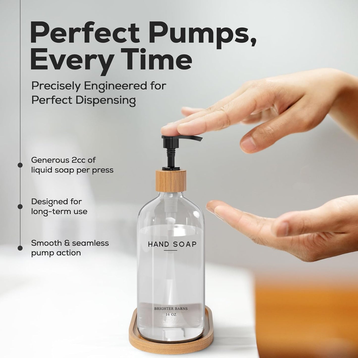 Glass Hand Soap Dispenser Bathroom Set by Brighter Barns - Hand Soap Dispenser for Kitchen Sink & Bathroom - Refillable Pump Bottle Set - Neutral Home Decor for Airbnb, Vacation Rental, Hotel (Clear)