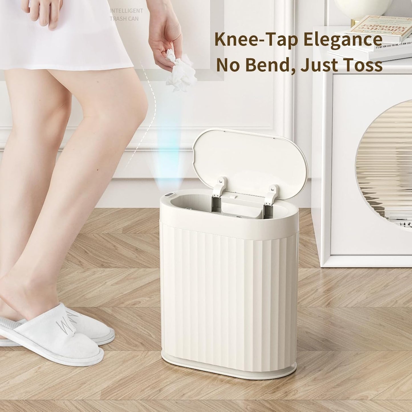 MRBIN Small Trash Can for Bathroom, Automatic Touch Less Garbage Bin with Lid, 2 Gallon Plastic Slim Waste Basket for Office and Kitchen, Electric Motion Sensor Bedroom Bin, Cream White