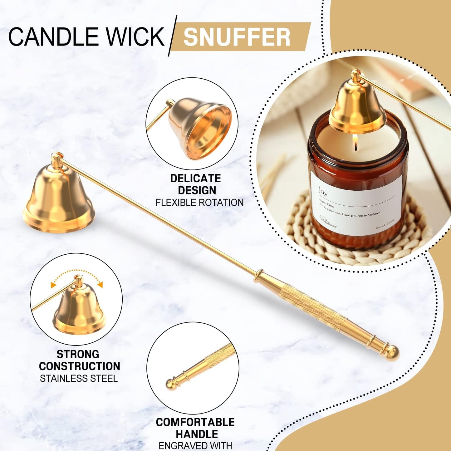 6 in 1 Candle Accessory Set,Candle Wick Trimmer Cutter,Candle Wick Dipper,Candle Wick Snuffer, Rechargeable Candle Lighter,Storage Tray Plate,Tweezers,Stainless Steel Candle Care Kit Home Gift(Gold)