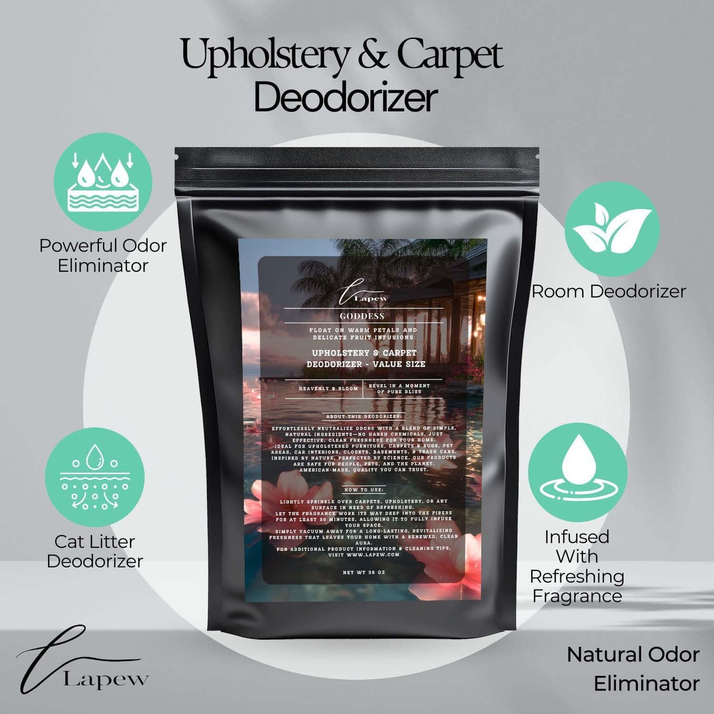 Goddess Carpet Freshener Powder Refill 36 oz | Powerful Odor Eliminator for Home | Upholstery Deodorizer | Carpet Deodorizer | Pet Urine | Cat Litter Box | Sweet Grace Fragrance