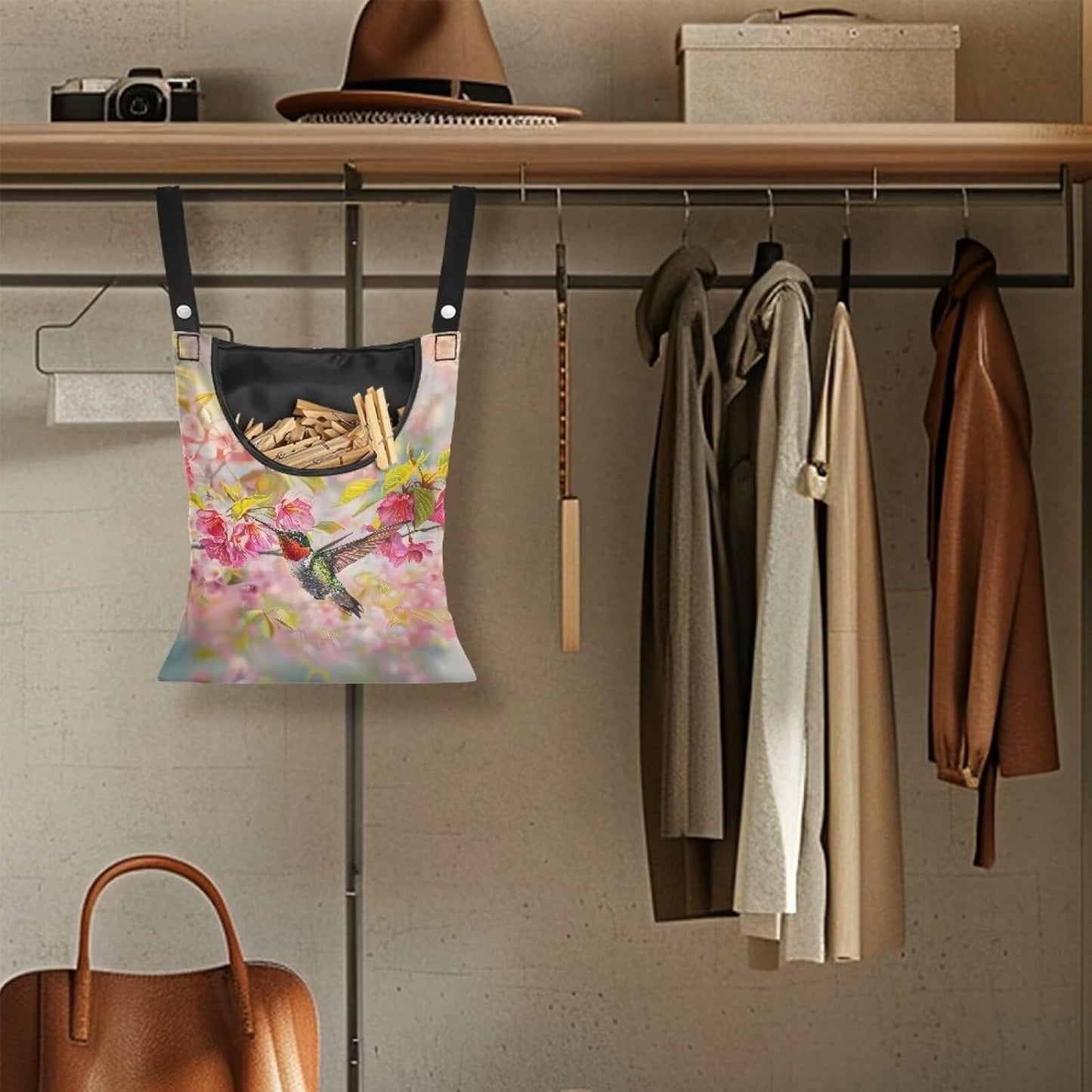 Hummingbird Clothespin Bag with Hanging Rope Cherry Blossom 14.5 x 12 Inch Summer Waterproof Laundry Clothes Pin Holder Clothespin Storage Organizer with Large Opening