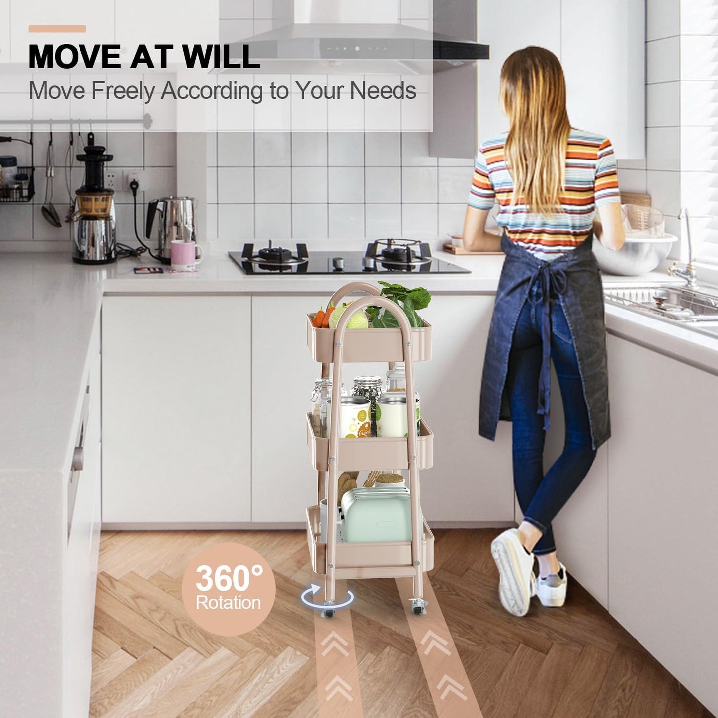 EAGMAK 3 Tier Utility Rolling Cart, Metal Storage Cart with Handle and Lockable Wheels, Multifunctional Storage Organizer Trolley with Mesh Baskets for Kitchen, Living Room, Office, Garage (Beige)