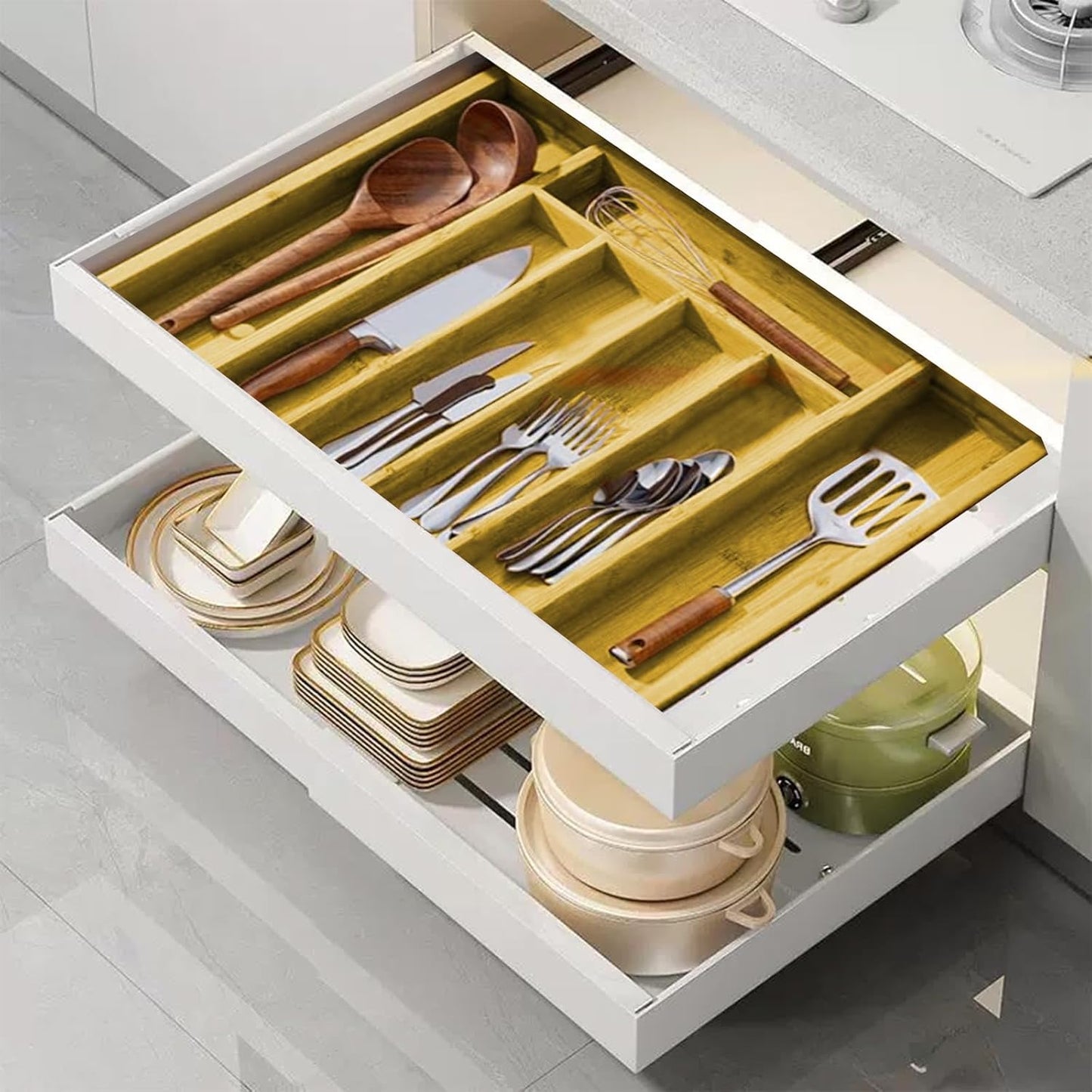 Kitchen Bamboo Silverware Drawer Organizer - Expandable Utensil Organizer for Flatware, Adjustable Cutlery & Knives. Ideal Utensil 7 Slots Total Drawer Organizer for Kitchen, Natural