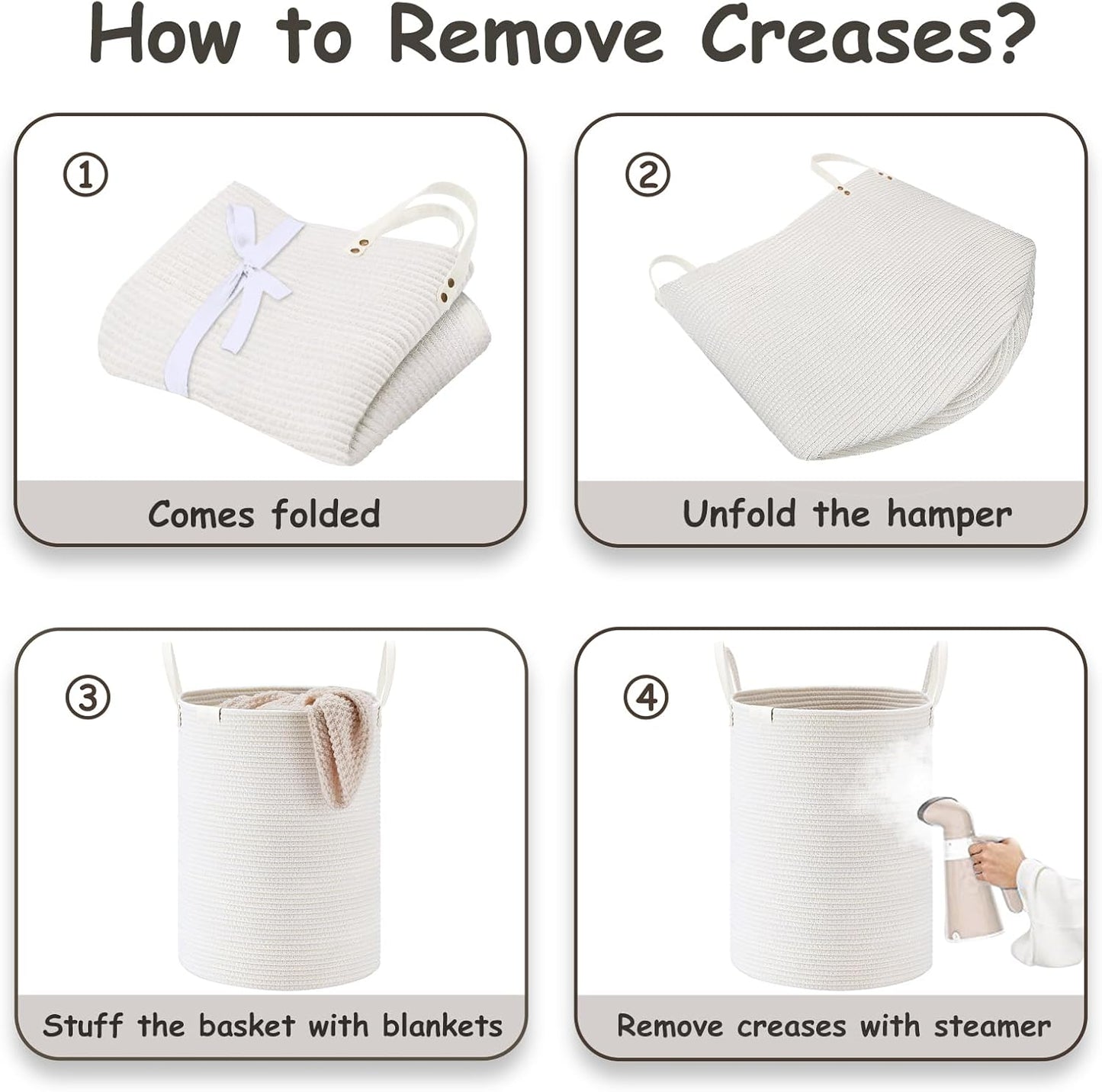 VIPOSCO Tall Laundry Basket, Large Dirty Clothes Hamper with Leather Handle, Woven Rope Storage Basket for Blanket, Toy In Living Room, Bathroom, Bedroom - 53L White