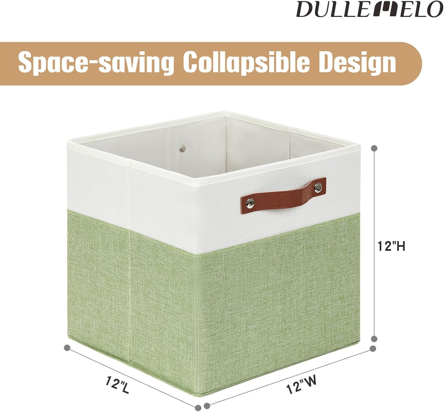 DULLEMELO Fabric Storage Cubes, 12x12 Storage Cube Bins for Organizing, Foldable Storage Baskets Square Cloth Bins for Cube Storage, Cube Organizer for Storage,White&Green