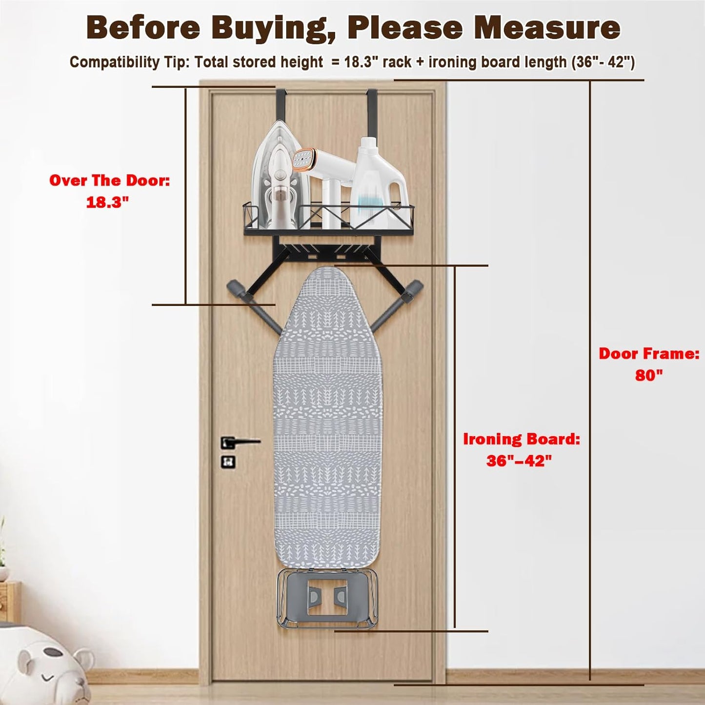 Ironing Board Hanger, Metal Over The Door or Wall Mounted Ironing Board Caddy, Ironing Board Storage Shelf with Adjustable Hooks for Laundry Room, Living Room, Bathroom (Matte Black)