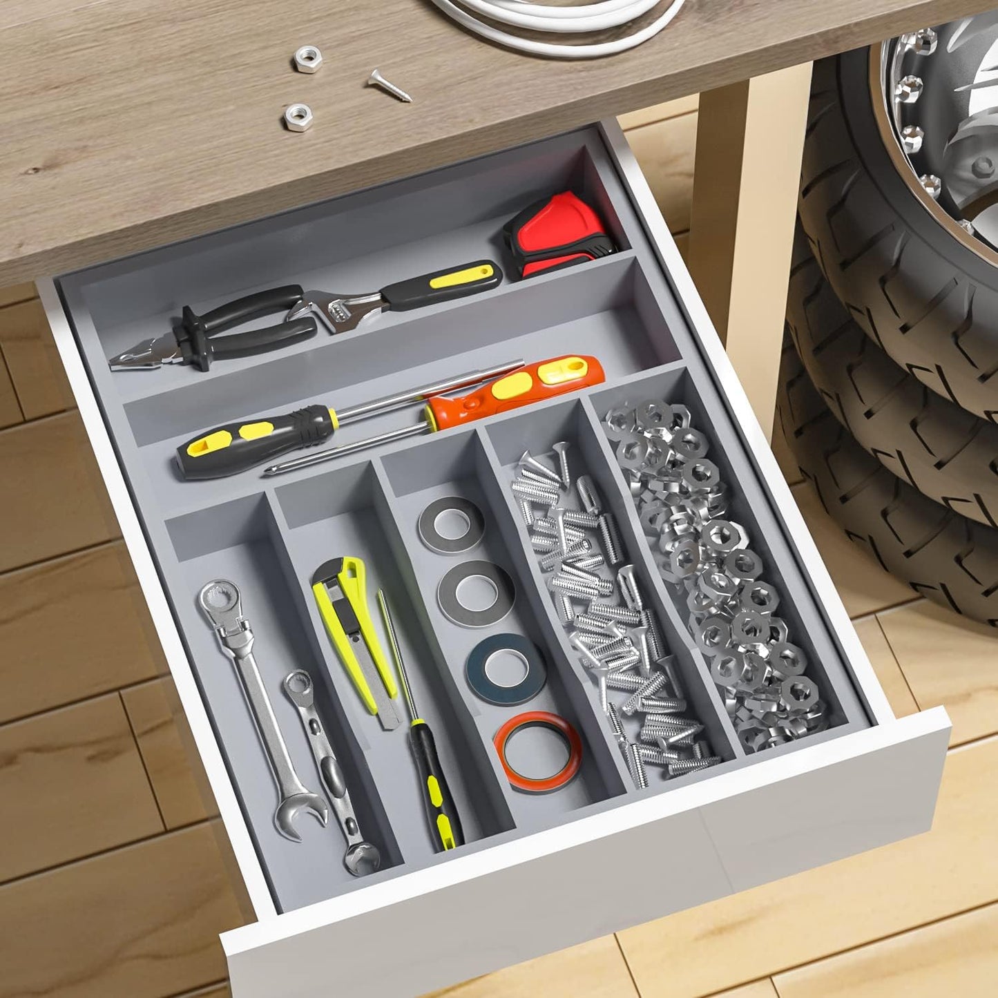 Utensil Organizer Silverware Drawer Organizer - 7 Slots Bamboo Utensil Tray Multifunctional Small Silverware Organizer for Kitchen Utensils, Garage Tools, Makeup Storage W13”x L17” (Grey)