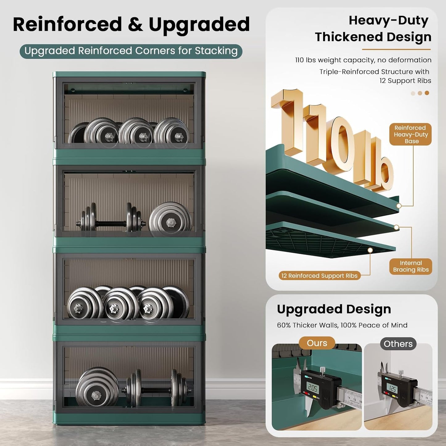 8.4Gal Collapsible Storage Bins with Lids & Wheels - 4 Pack Stackable with Doors, Heavy-Duty Plastic Containers for Home/Office, Green