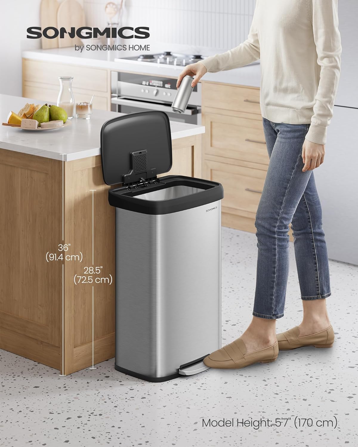 SONGMICS Kitchen Trash Can, 21 Gallon (80 L) Stainless Steel Garbage Can, with Stay-Open Lid and Step-on Pedal, Soft Closure, Tall, Large and Space-Saving, Silver and Black ULTB534E01