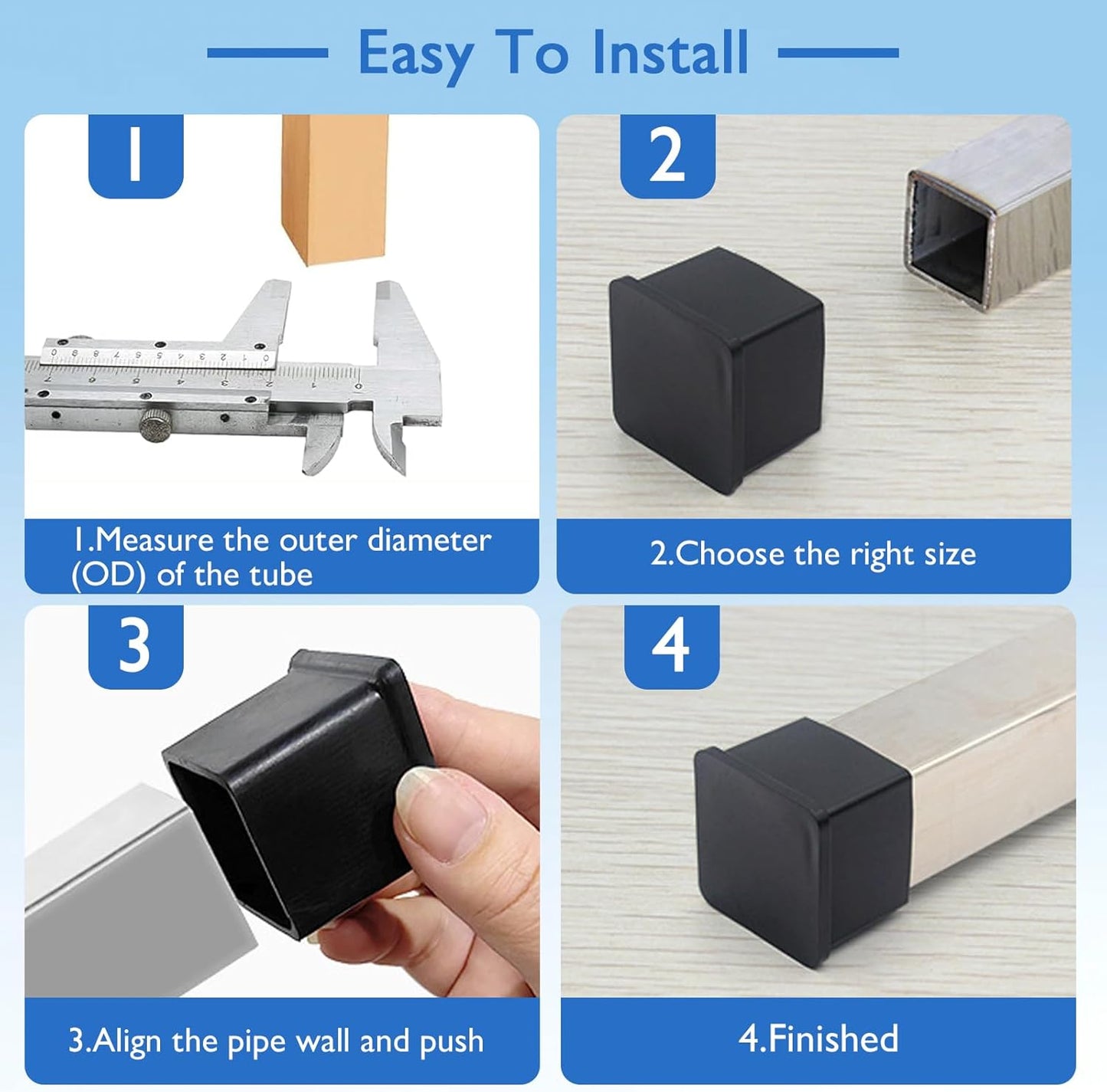 4 Pcs 1-3/4" x 1-3/4" Square Rubber Chair Leg Caps, PVC Table Leg Covers, Flexible & Anti-Slip Furniture Leg End Caps, Chair Leg Floor Protectors for Bar Stool Leg Patio Indoor, Black