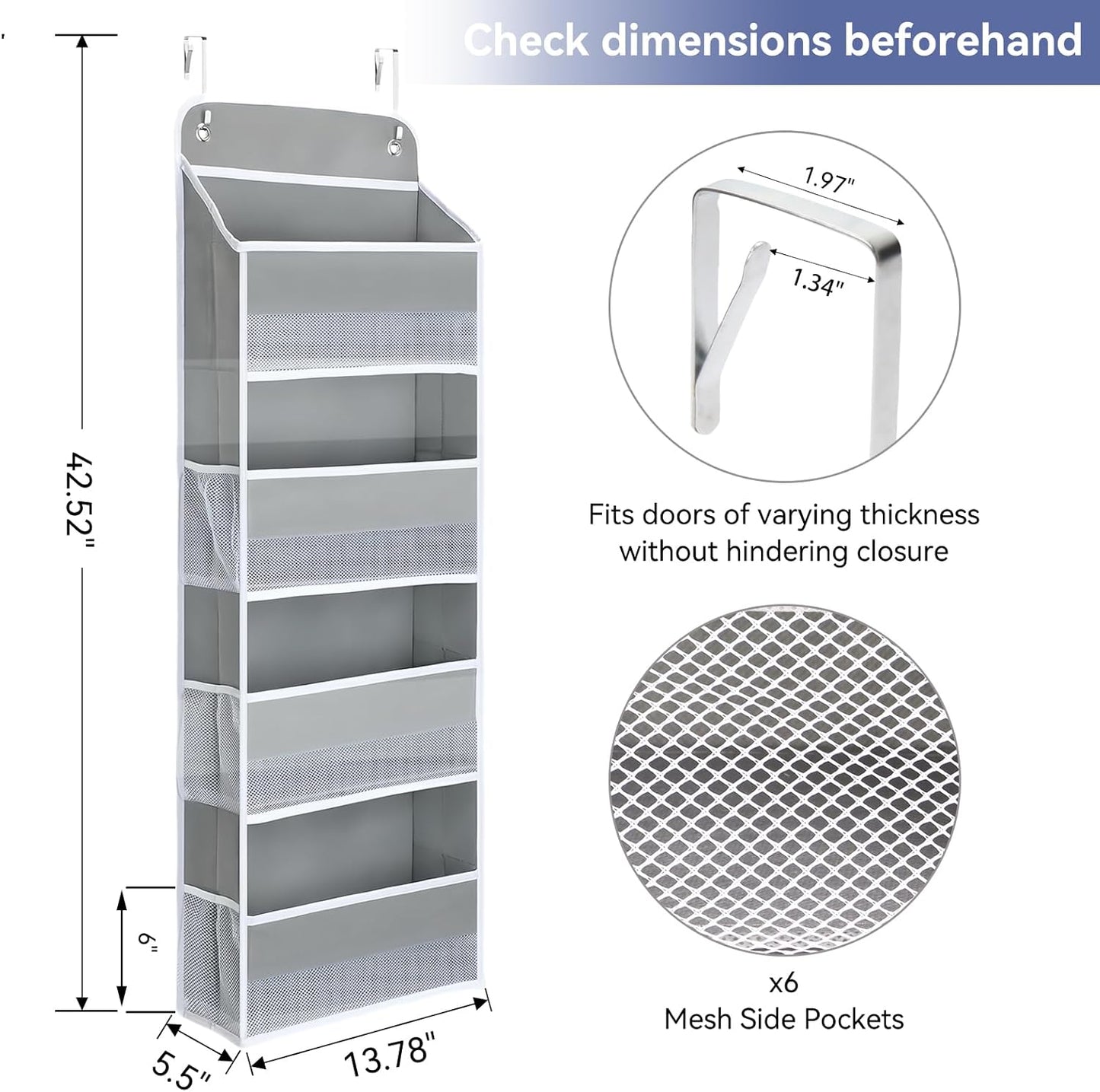 QINGUANG Over The Door Organizer,Hanging Organization And Storage, Behind Door Organizer with Side Pockets, 35 lbs Capacity,Anti Tilt, for Nursery, Bathroom, Bedroom,Dorm (4-Shelf)