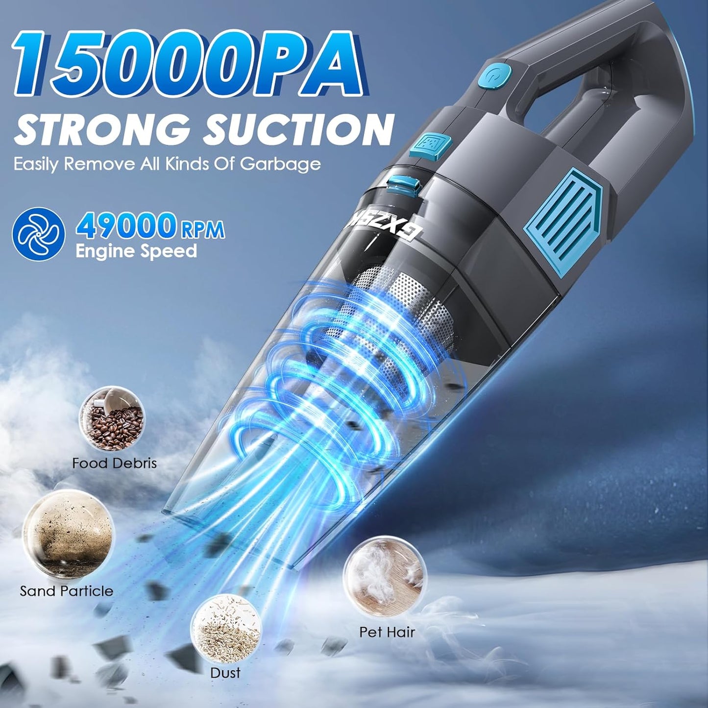 Handheld Vacuum Cordless, 15000PA Strong Suction Hand Held Car Vacuum Cleaner Rechargeable, Portable Hand Vacuum with Multi-Nozzles & Washable Filter for Home Office, Car, Pets