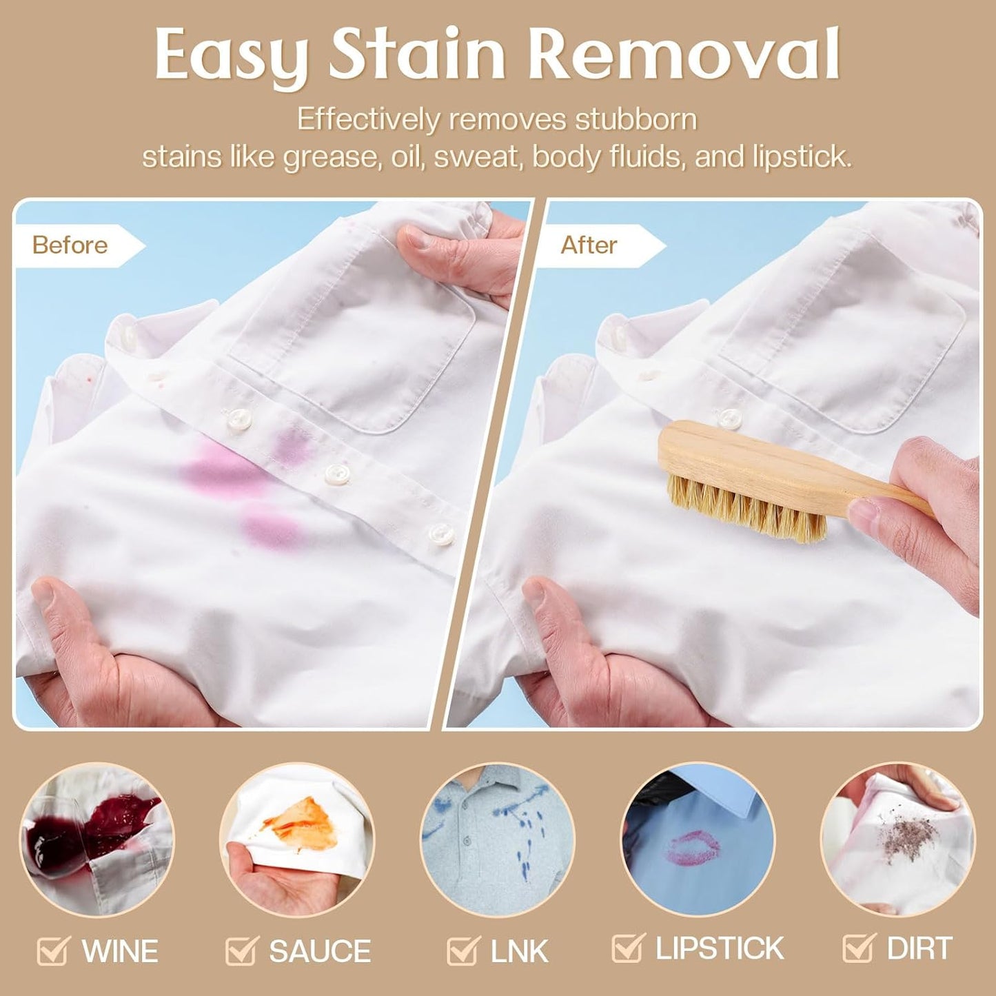 3 Pcs Wood Laundry Stain Brush Stain Remover Brushes with Boar Bristle Small Stain Brush for Clothes for Scrubbing Stains from Furniture Fabric Leather(3 Pcs E)
