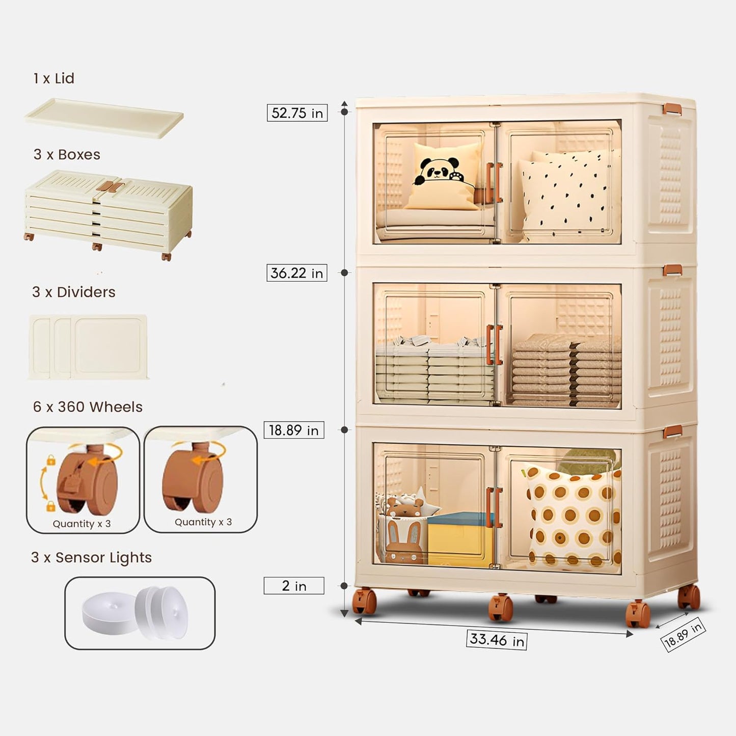 568QT/141Gal 3 Layer Stackable Storage Bins with Lid & Doors - Sensor Lights, Collapsible Storage Bin with 6 Wheels, Plastic Foldable Organizer for Home, Office Use