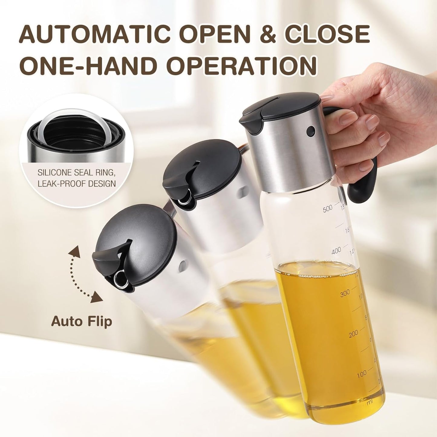 Vucchini Large Olive Oil Dispenser Bottle Kitchen Cooking Oil Dispenser Auto Flip Soy Sauce Container -Stainless Steel Leakproof Vinegar Glass Cruet (10 oz and 17 oz Set)