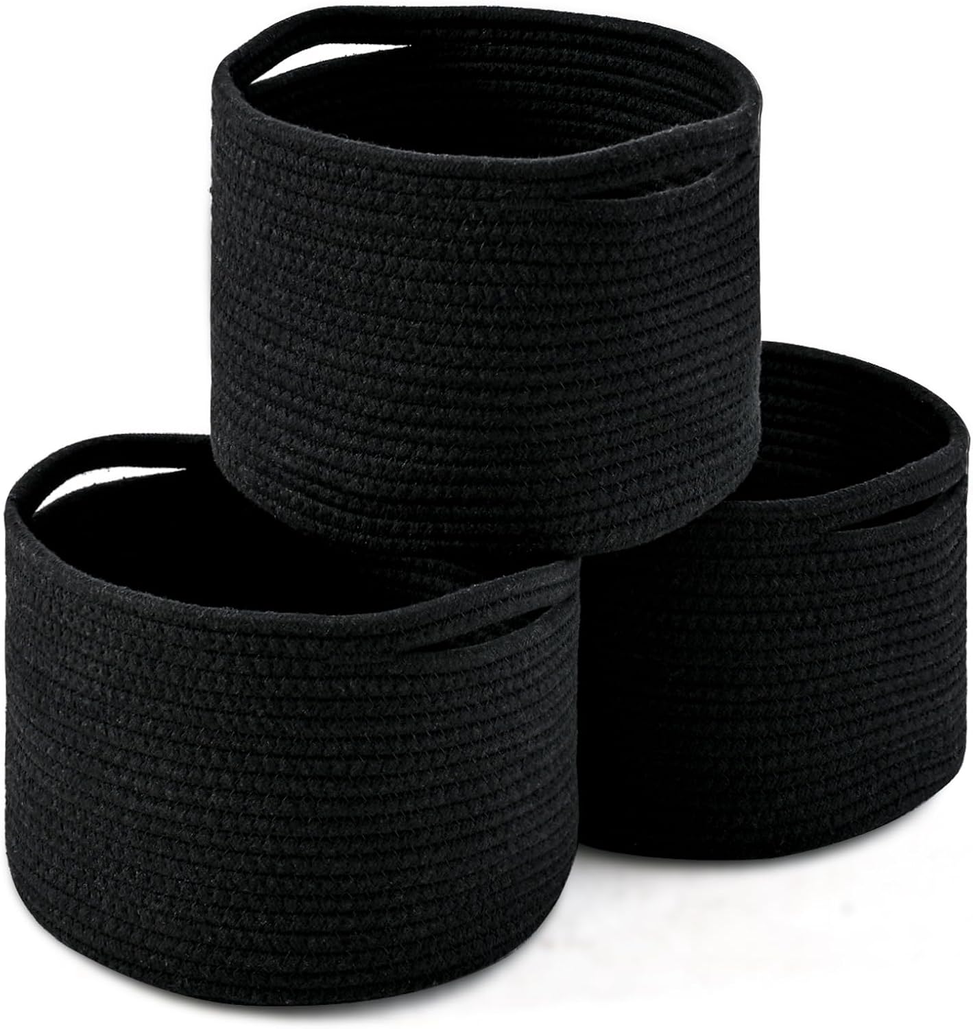 Small Black Baskets for Organizing, Storage Baskets for Shelves, Small Woven Basket for Storage, Cute Basket for Gifts, Mini Cotton Rope Baskets, 9.7"×9.7"×7" (3 Packs) Black