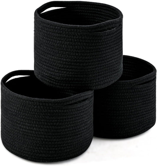 Small Black Baskets for Organizing, Storage Baskets for Shelves, Small Woven Basket for Storage, Cute Basket for Gifts, Mini Cotton Rope Baskets, 9.7"×9.7"×7" (3 Packs) Black