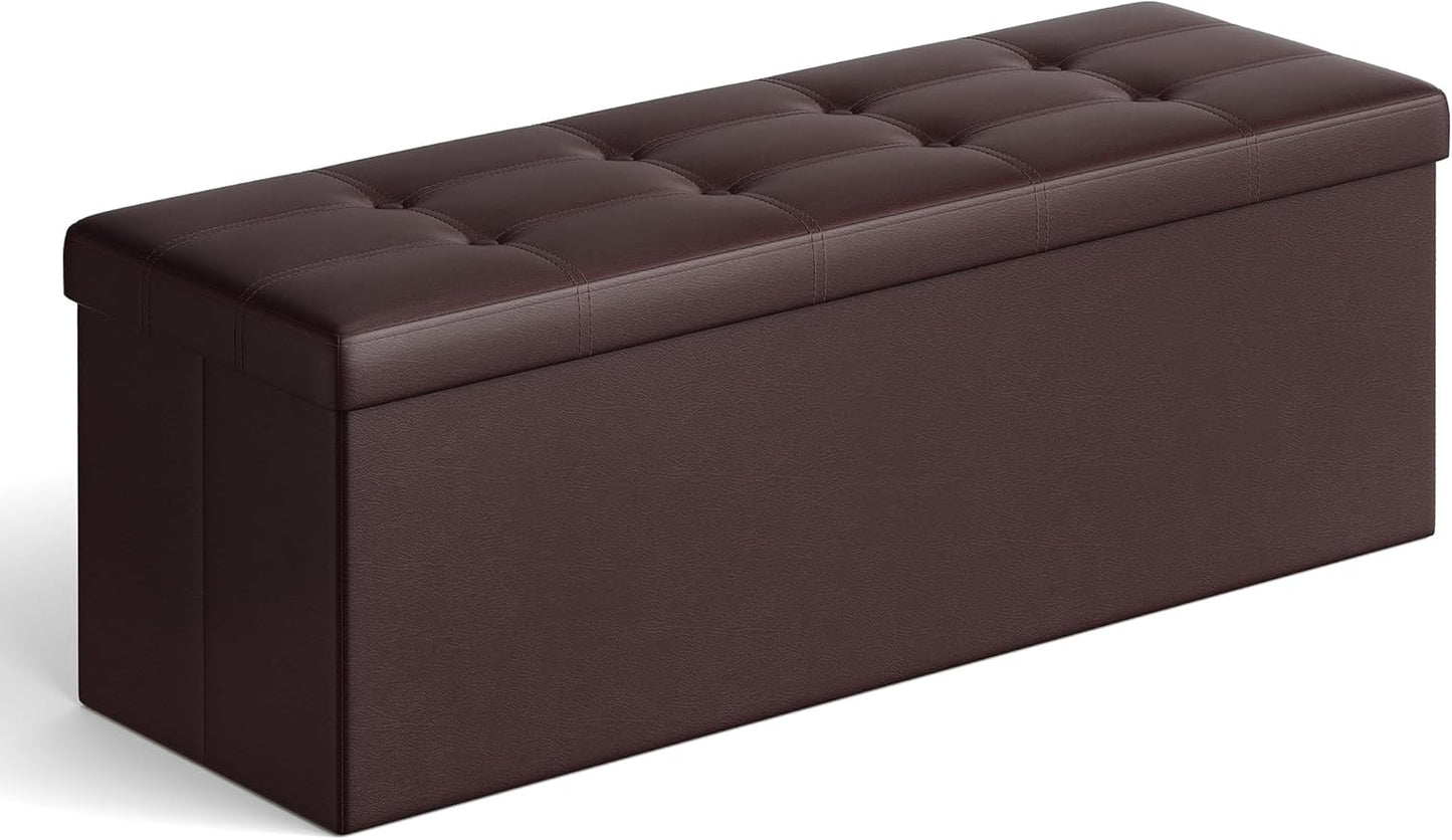 SONGMICS MAZIE Collection - 43 Inches Folding Storage Ottoman Bench, Ottoman with Storage, Foot Rest Stool, Load 660 lb, for Living Room, Synthetic Leather, Brown ULSF703