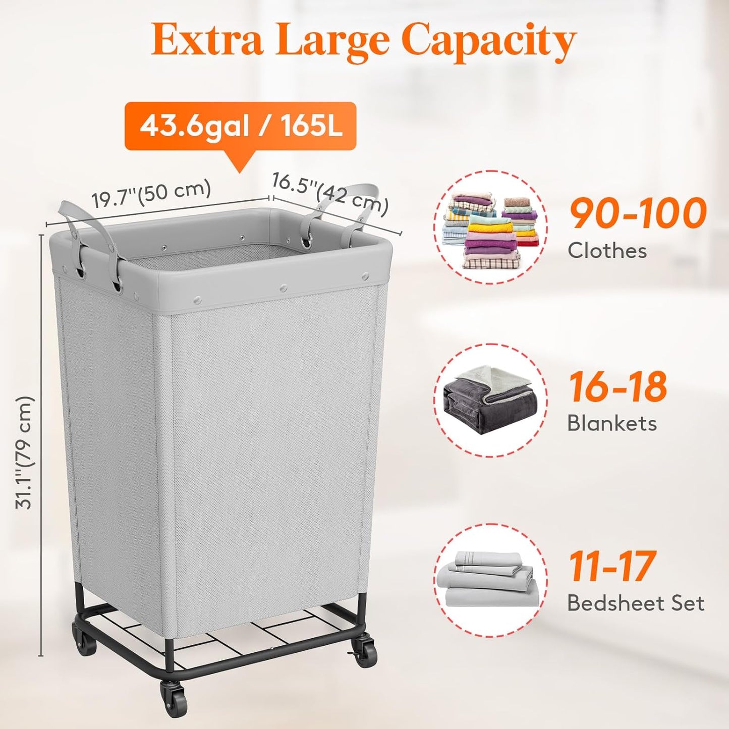 Lifewit 165L Laundry Basket with Wheels, Large Heavy Duty Commercial Rolling Laundry Hamper with Handles, Tall Steel Frame Laundry Cart for Laundry Room Bedroom Hotel Home Dorm, Sliver Gray