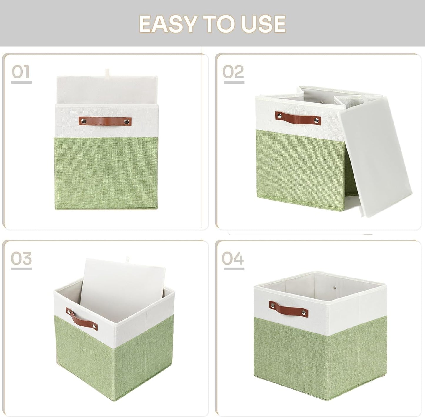 HNZIGE Fabric 11x11 Cube Storage Bins, Set of 4, Foldable Storage Cube Bin Baskets for Shelves with Handles, Bins for Cube Organizer Home Toy Nursery Closet(Green White)