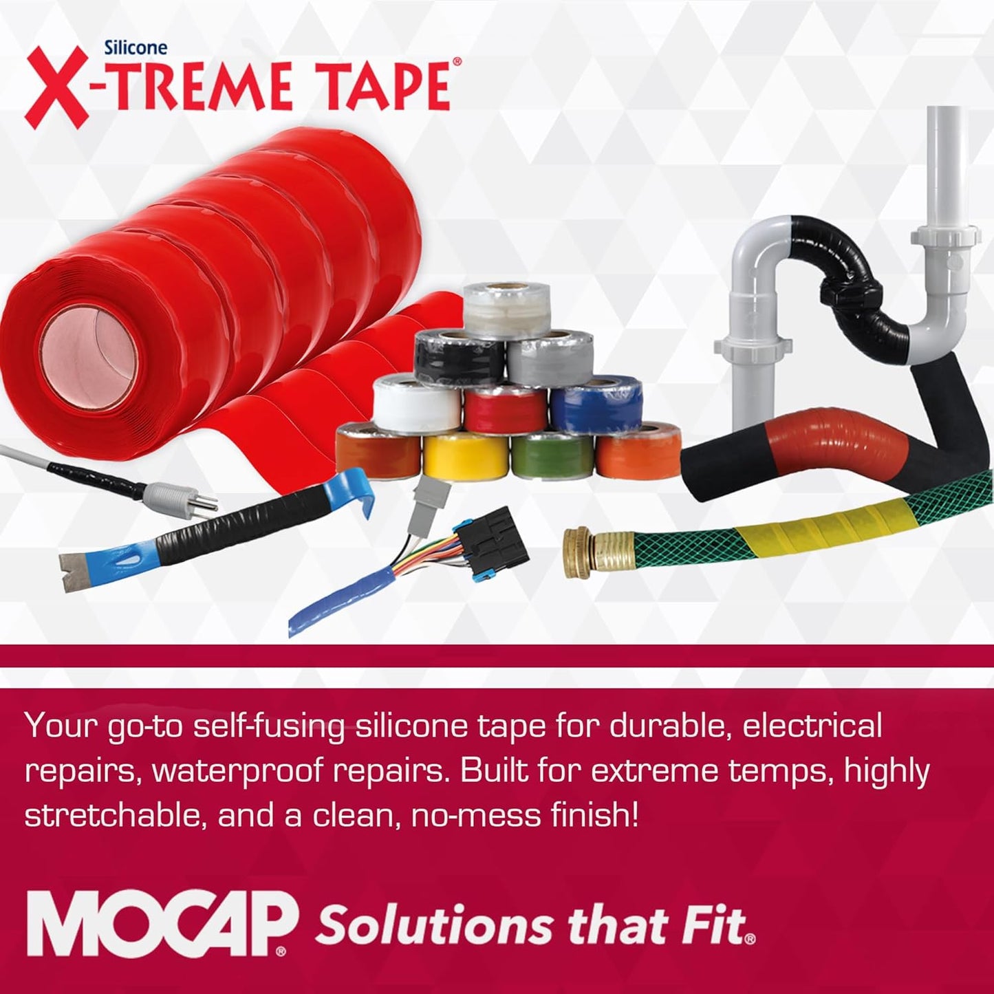 X-Treme Tape MOCAP Heavy Duty Electrical Tape, Self-Fusing Silicone Rubber, Waterproof & Insulating Flexible Tape, Electrical for Hose, Automotive, Outdoor & Repairs - 1" x 10ft Roll - Bright Red