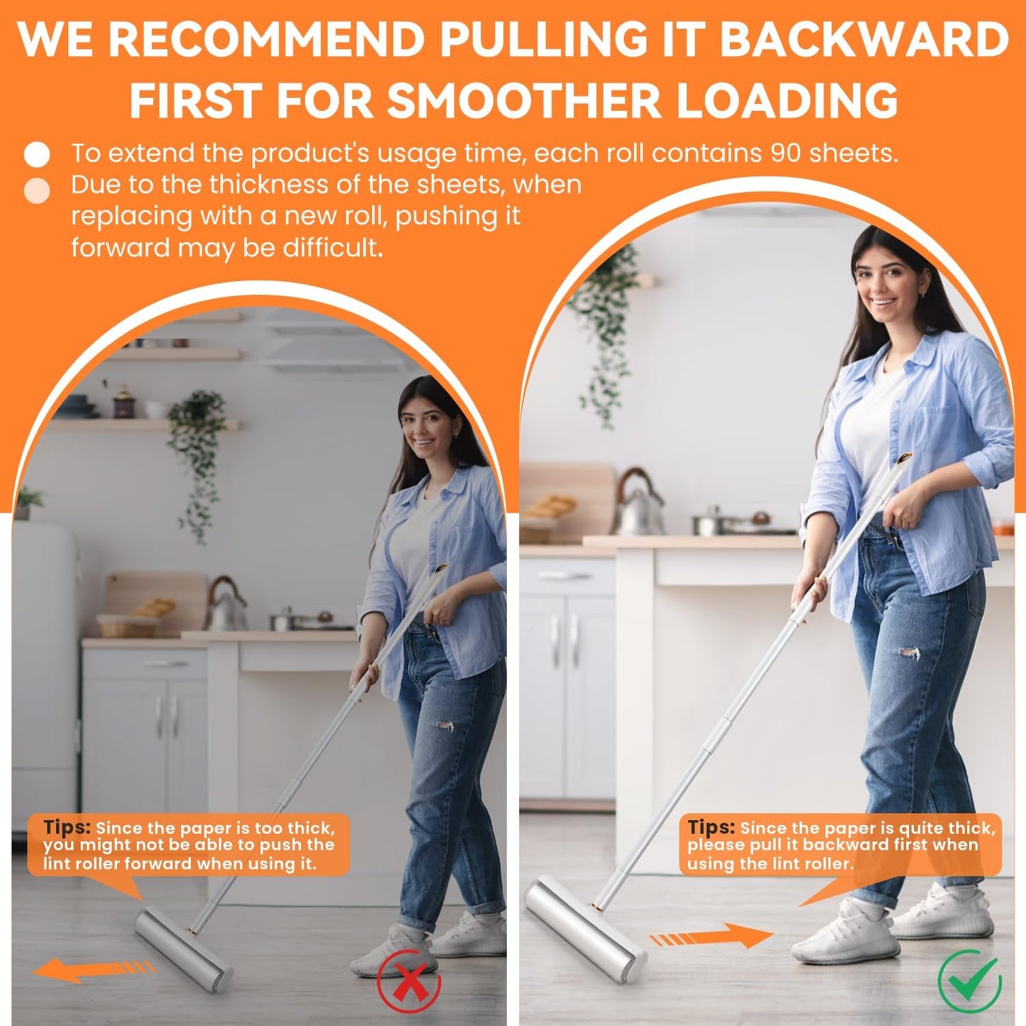 Large Lint Roller Pet Hair Remover 270 Adhesive Sheets Rollers 9.45 Extra Sticky Dog Cat Adjustable Handle 7.9-47.6 Inch, 3 Replaceable Rolls 90 Sheets Each, 3 Extension Rods for 4 Heights﻿