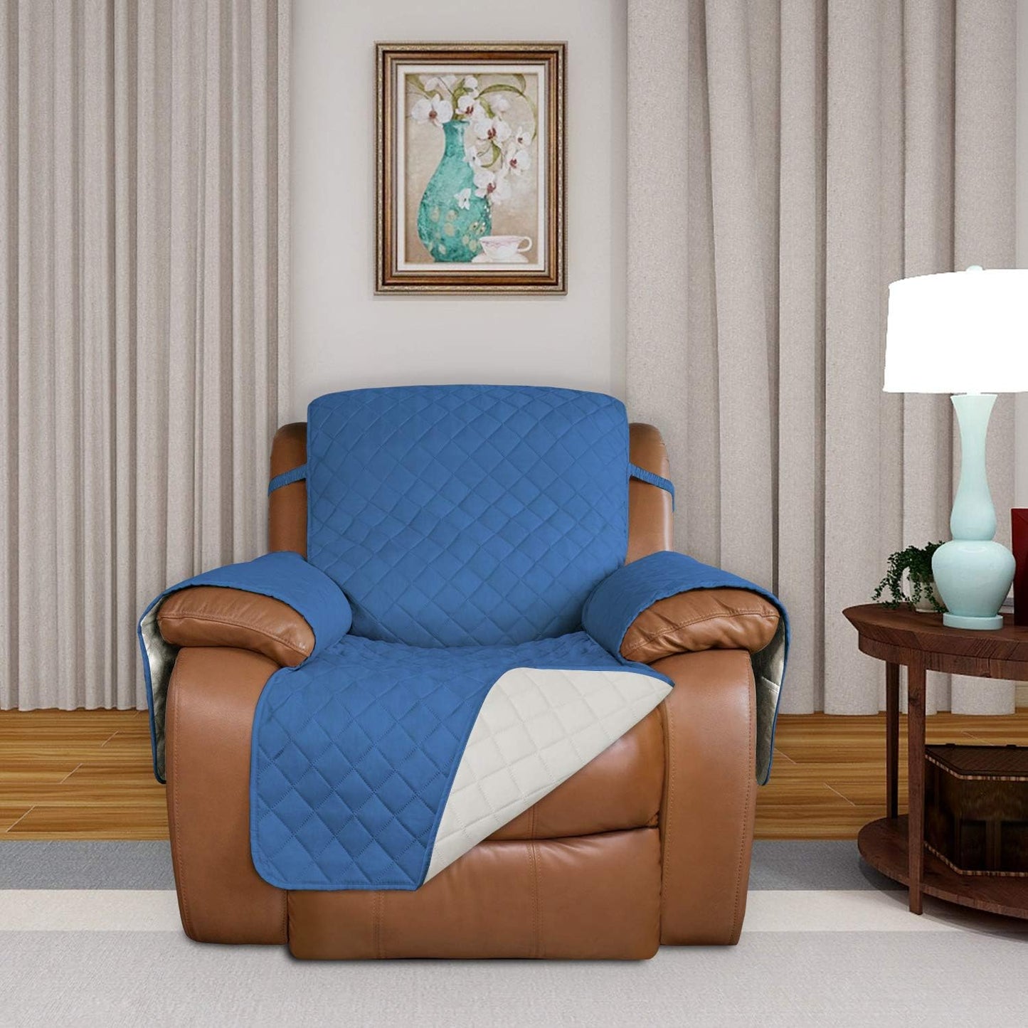 PureFit Reversible Quilted Sofa Cover, Water Resistant Slipcover Furniture Protector, Washable Couch Cover with Non Slip and Elastic Straps for Kids, Dogs, Pets (Oversized Recliner, Blue/Ivory)