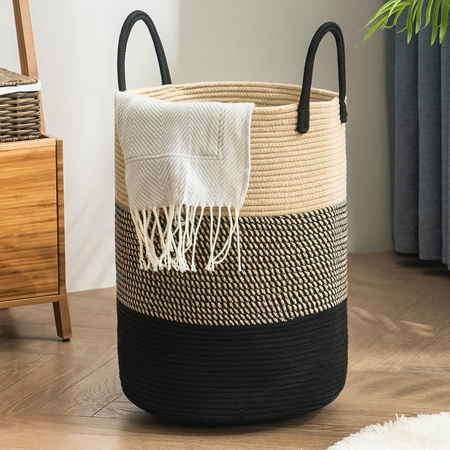 YOUDENOVA Woven Rope Laundry Hamper Basket, 58L Tall Laundry Basket for Blanket Organizer- Clothes Hamper for Bedroom Storage, Baby Kids Nursery Hamper-Large-Black & Brown