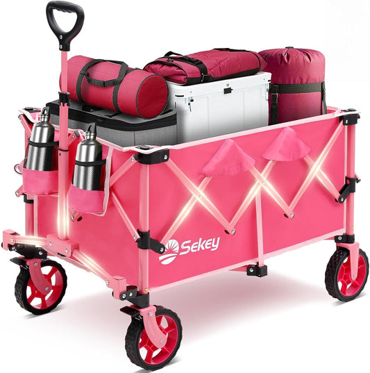 Sekey Pink Collapsible Foldable Wagon with 330lbs Weight Capacity, Heavy Duty Folding Wagon Cart with Big All-Terrain Wheels & Drink Holders. Pink
