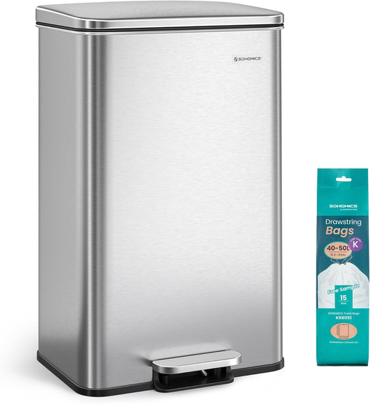 SONGMICS Kitchen Trash Can, 10.5 Gallon (40 L) Garbage Can, Large Step Trash Bin with Lid, Stainless Steel, Soft Close, 15 Trash Bags Included, Silver ULTB540E40