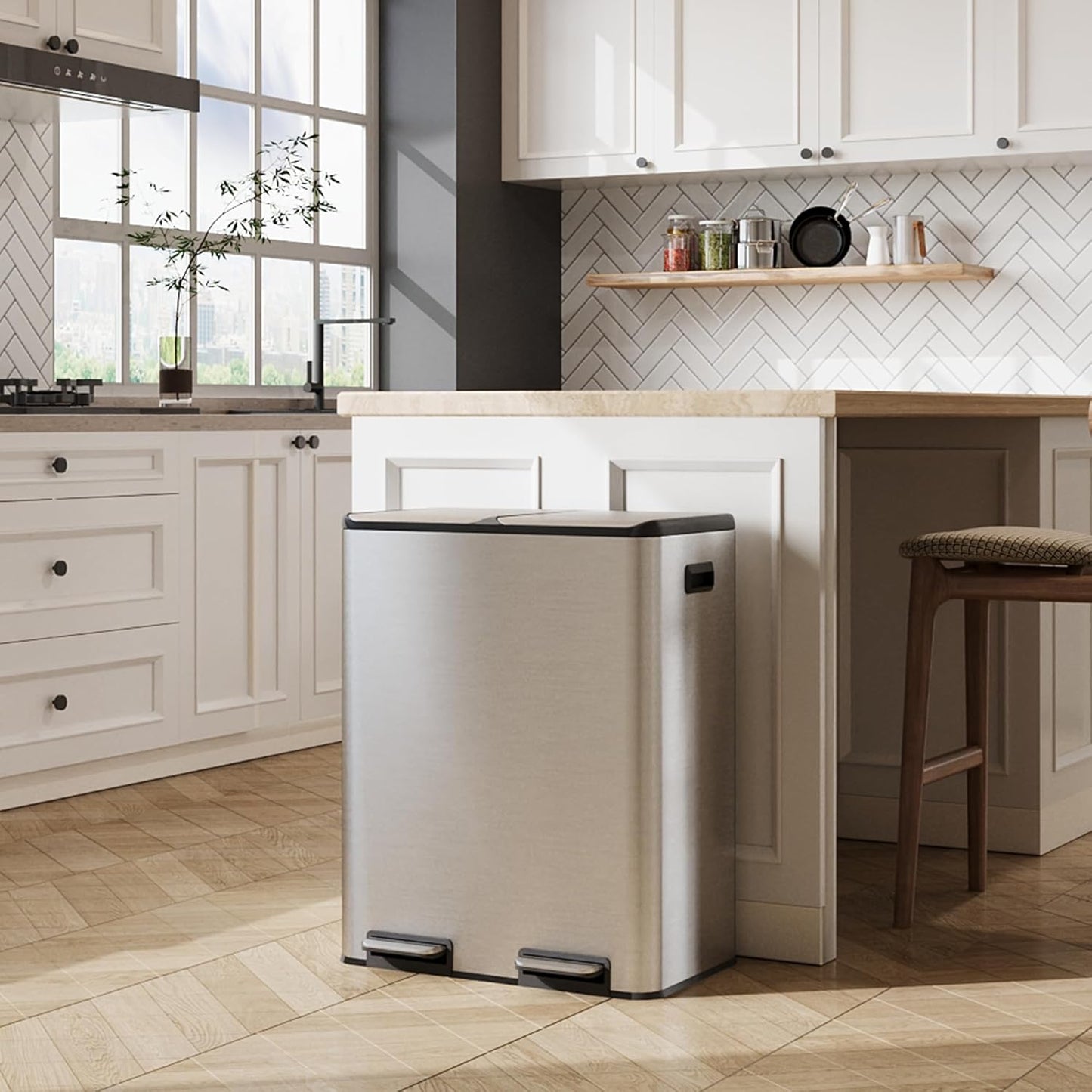 WLIVE 2 x 8 Gallon / 2 x 30 Liter Dual Trash Can, Stainless Steel Double Compartment Classified Kitchen Trash Can, with Plastic Inner Buckets, Handles, Soft-Close Lid, Deodorizing Filter Box, Silver.