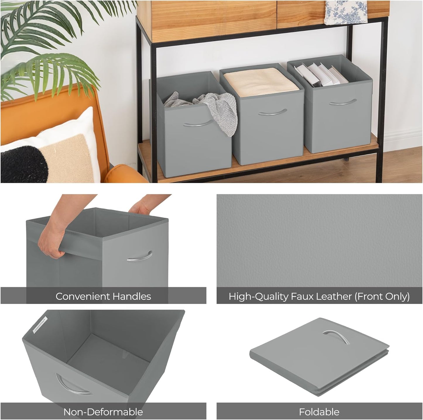 StorageWorks Gray Storage Cubes, 11 Inch Cube Storage Bins with Handle, Cube Storage Organizer Bins for Shelves and Closet, Collapsible Storage Bins, 4-Pack