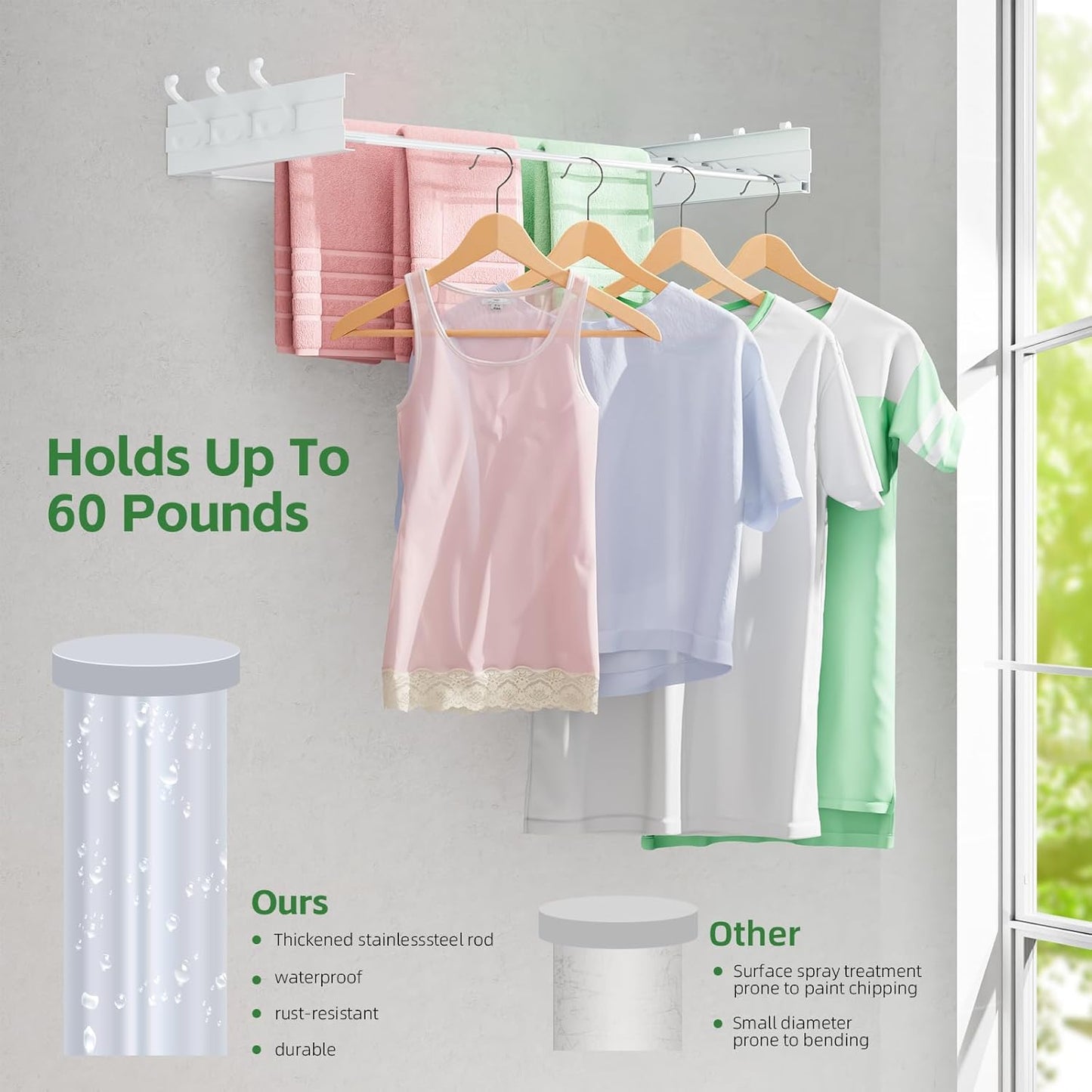 Wall Mounted Drying Rack 31.5", Foldable Clothes Drying Rack with 6 Towel Hooks and 5 Rods for Hanging Clothes, Space Saving Laundry Rack for Indoor Outdoor Bathroom Balcony Laundry Room(31.5")