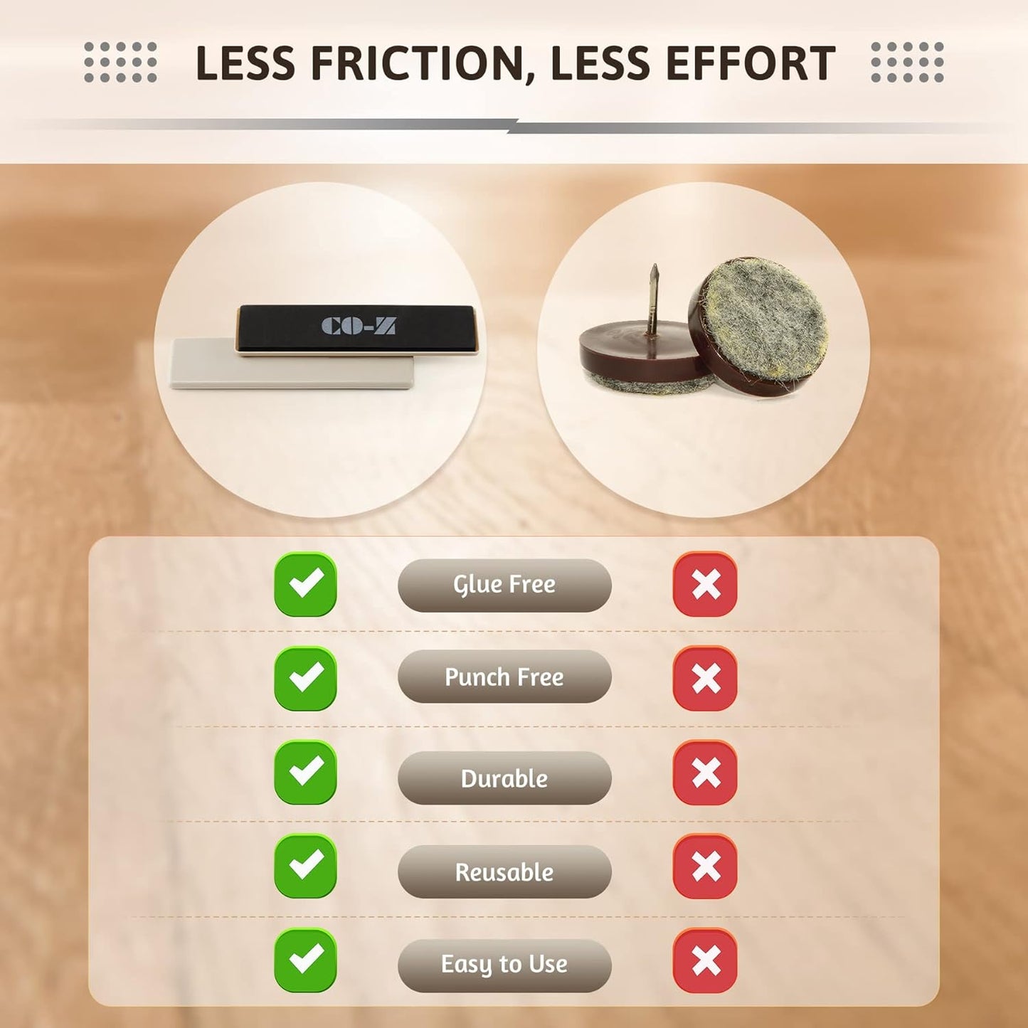 CO-Z Large Furniture Sliders - 4 Pack, 2 1/2" x 9" Rectangle Reusable Furniture Sliders for Carpet, Heavy-Duty Furniture Gliders Movers for Hardwood Floors, Plastic Moving Pads for Heavy Furniture