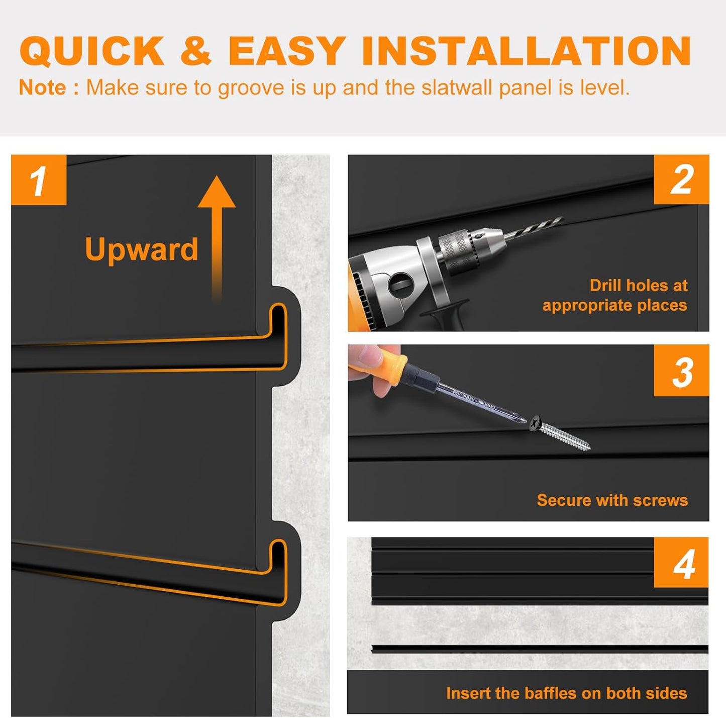 DoCred Slatwall Paneling Organizer, 4x2 FT PVC Garage Slat Wall Storage Systems, Heavy Duty Mounted Slat Peg Board for Tool Organization Ladder Bike Includes 27 PCS Hooks Accessories Kit (Black)