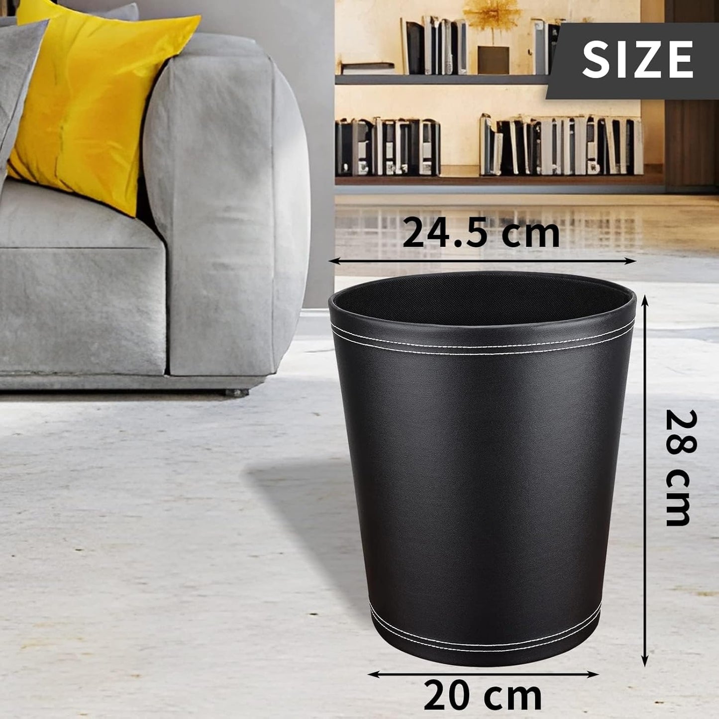 Pu Leather Trash Can, 2.6 Gallon Black Bathroom Trash Can, Small Office Garbage Can Wastebasket for Bedroom, Kitchen, Round Trash Bin Decorative Under-Sink/Desk/Home Easy to Clean