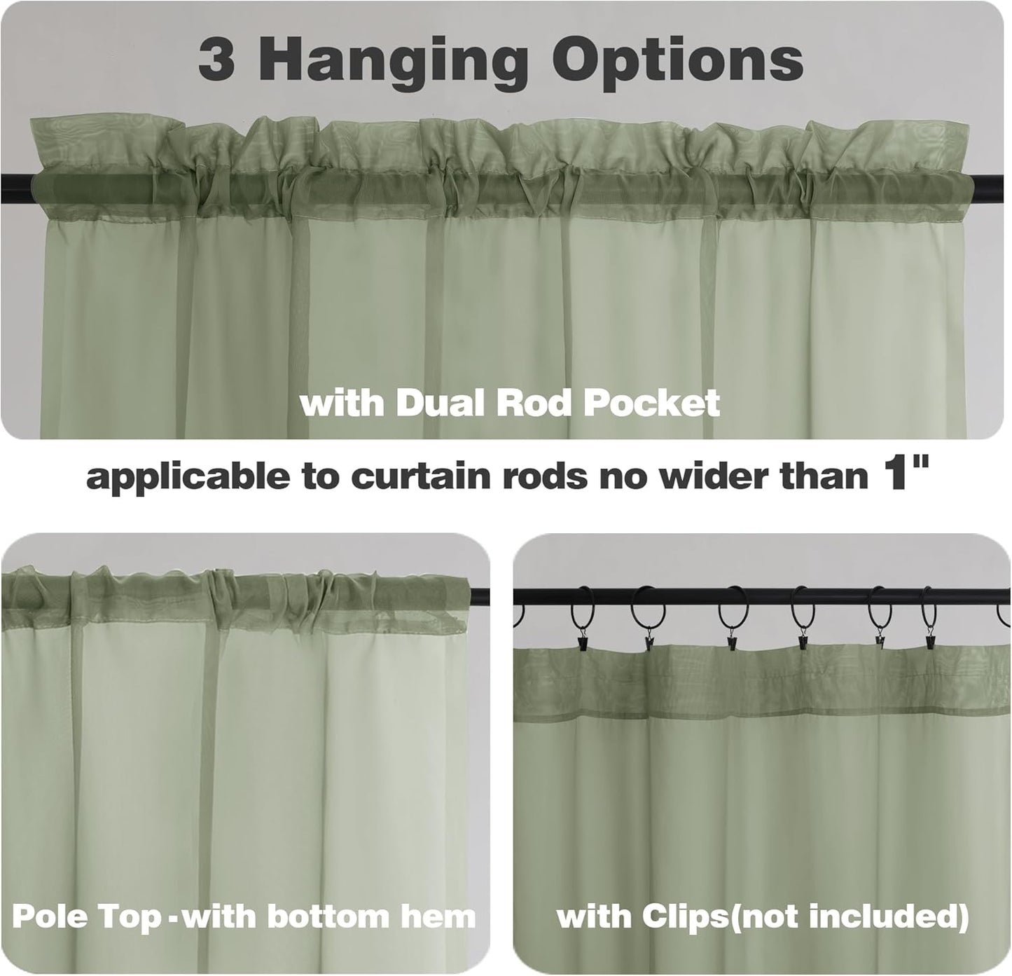 Chyhomenyc Sheer Sage Green Valances for Windows 2 Pack, Small Window Curtains for Living Room Bathroom Cafe Laundry Basement, Modern Top Dual Rod Pocket Voile Curtain, 42W x 18L inches, Sage Green