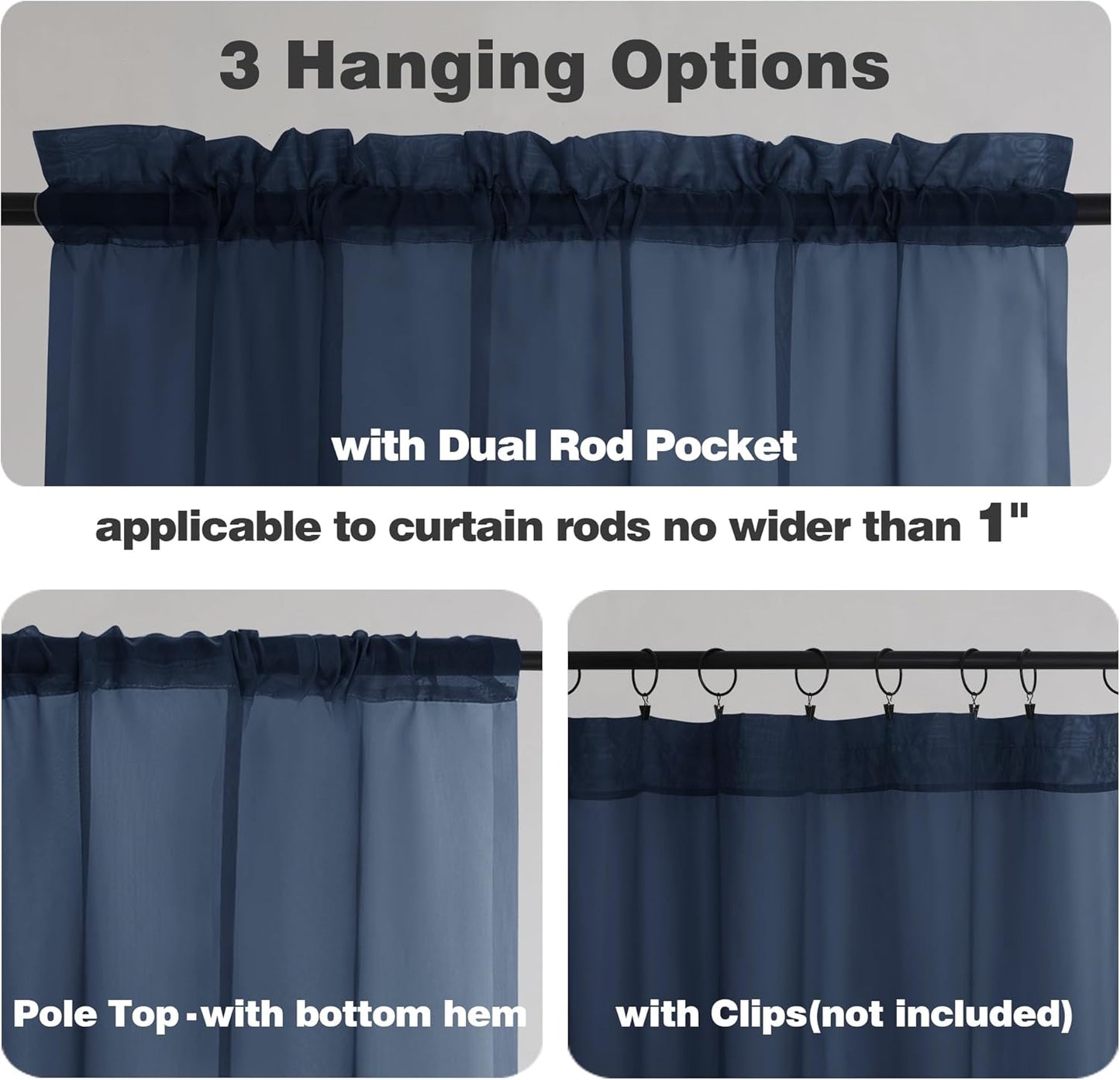 Chyhomenyc Sheer Curtains 63 Inch Length Set of 2, Rod Pocket Voile Drapes for Living Room, Bedroom, Window Treatments Semi Sheer Curtain Panels for Yard, Patio, Villa, Parlor, 42Wx 63L, Navy Blue